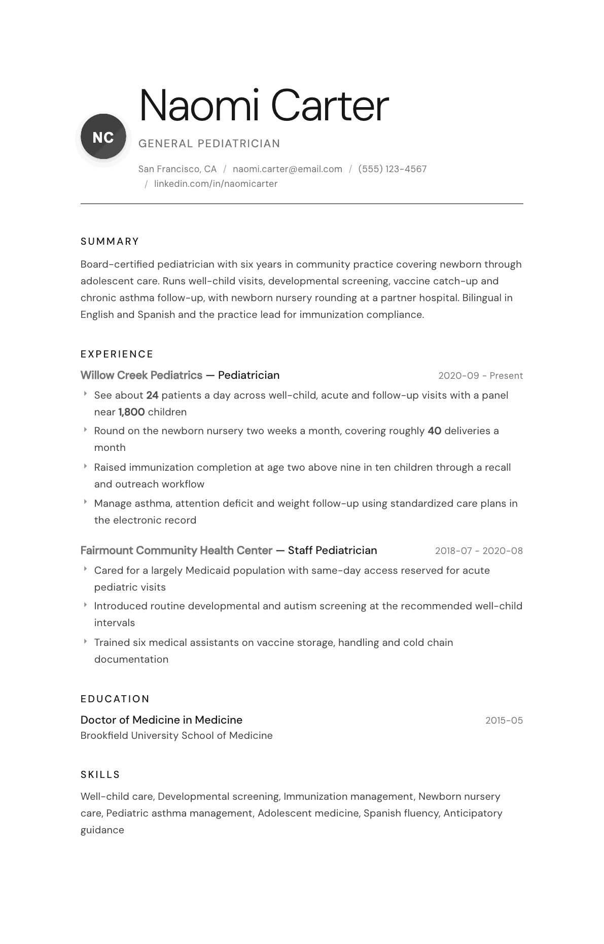 Pediatrician resume example, Whisper template