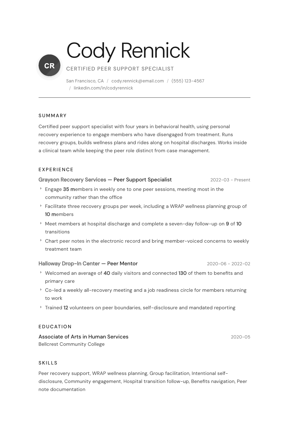 Peer Support Specialist resume example, Whisper template