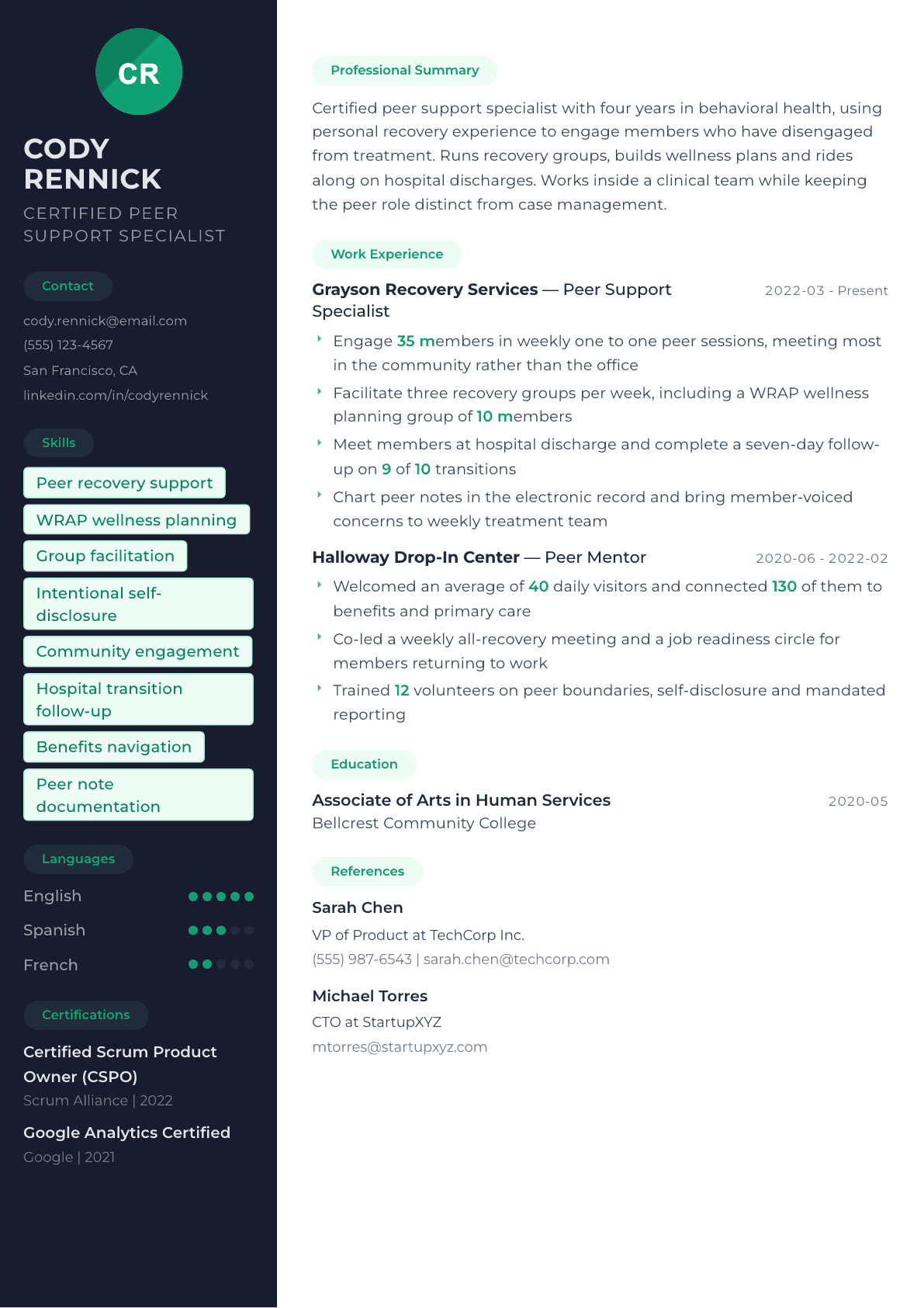 Peer Support Specialist resume example, Oslo template