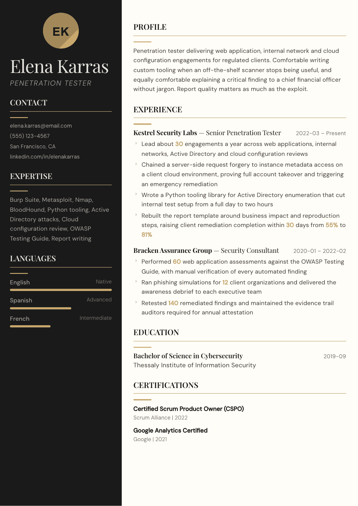 Penetration Tester resume example, Obsidian template