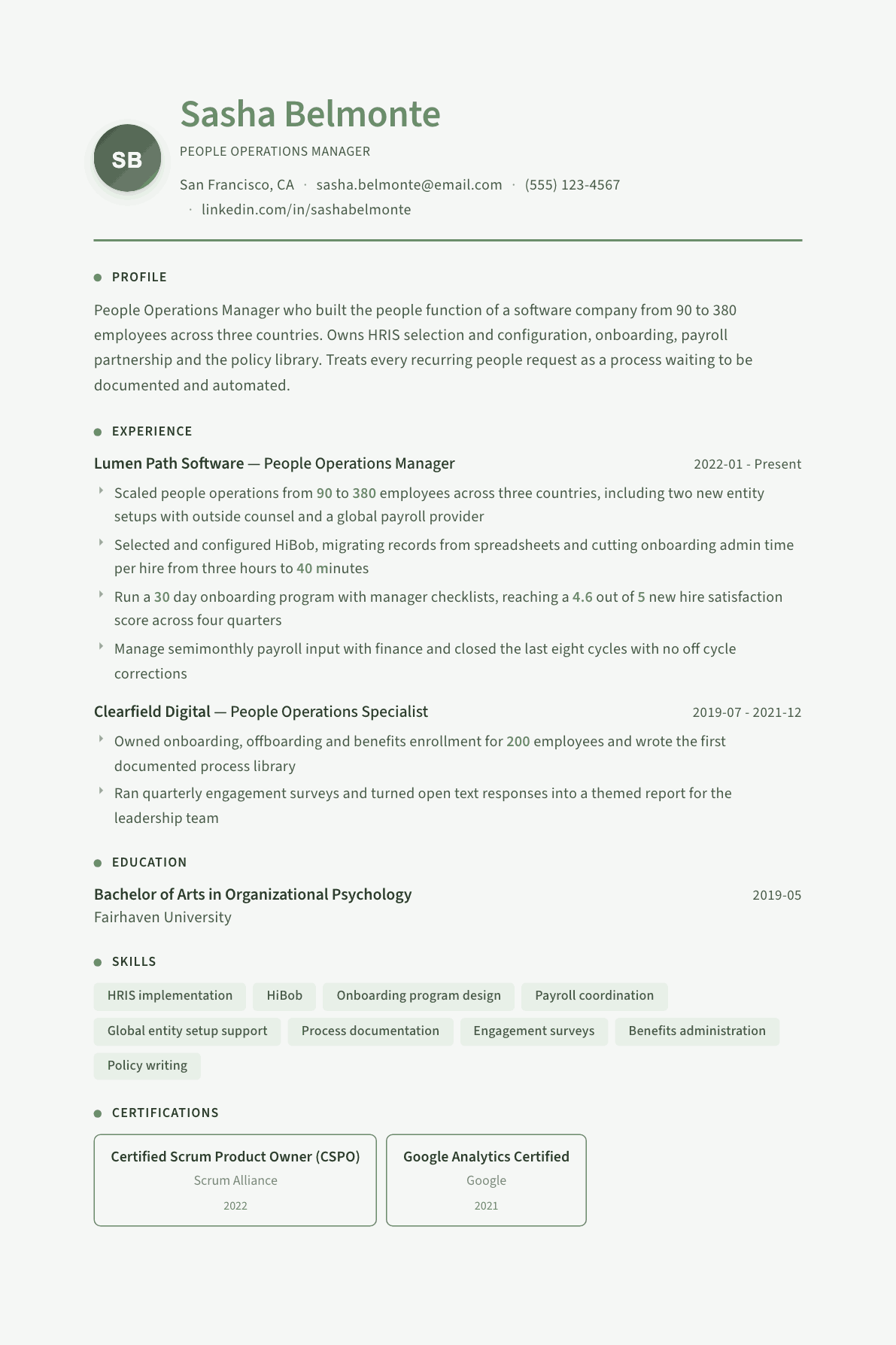 People Operations Manager resume example, Sage Garden template