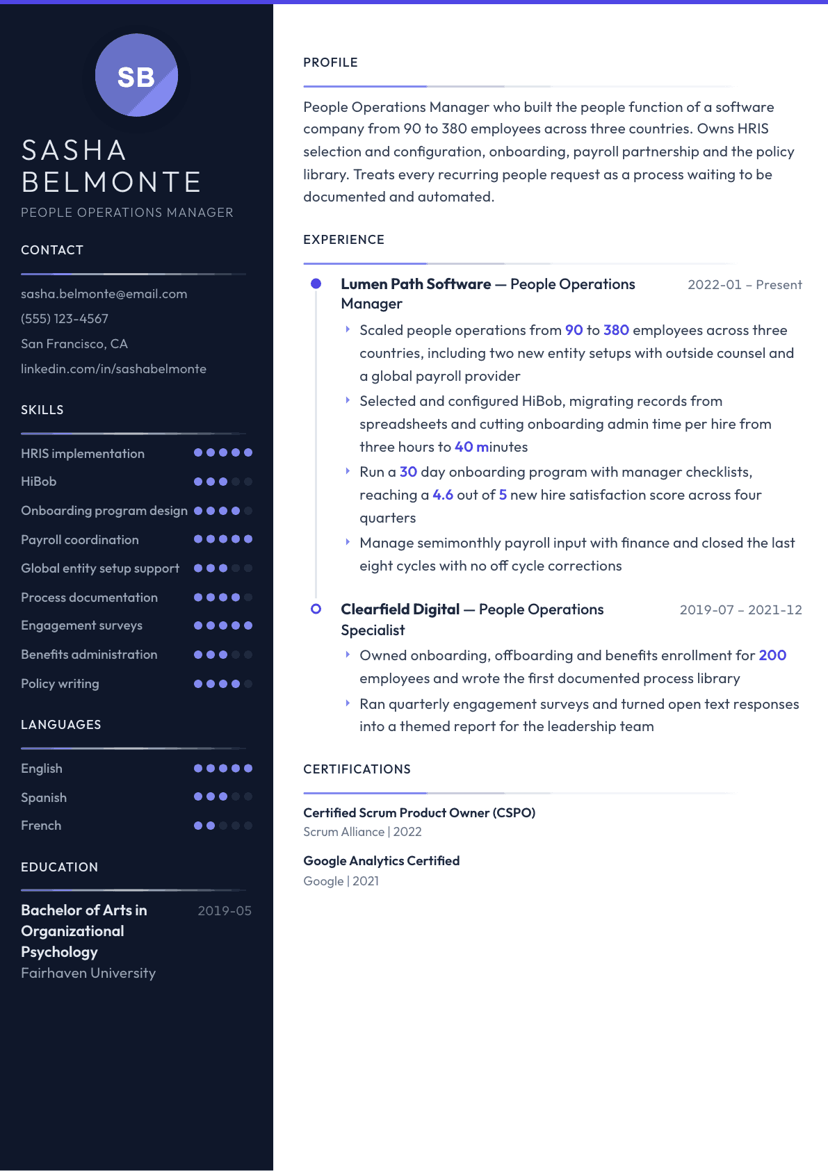 People Operations Manager resume example, Zenith template