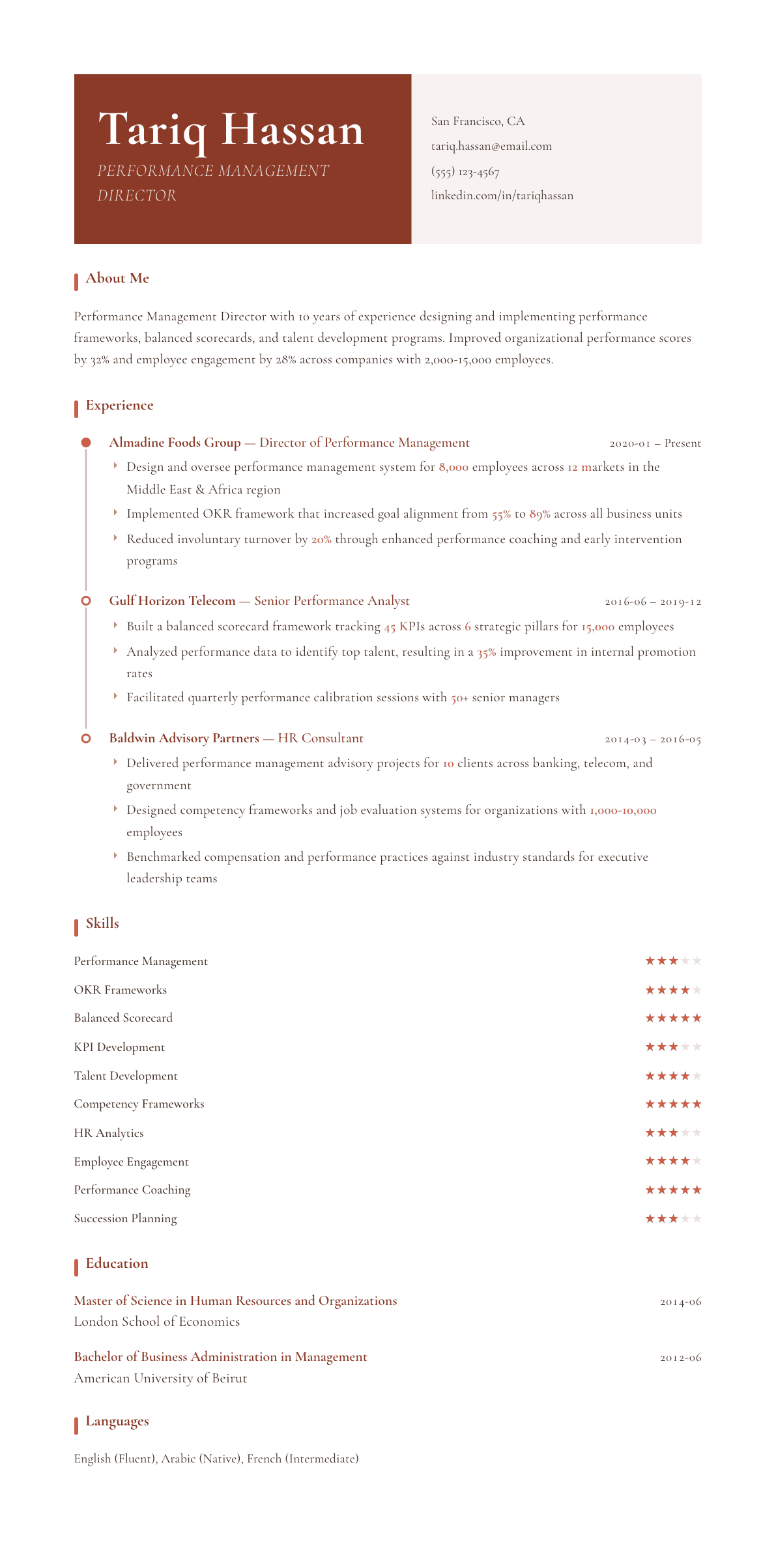 Performance Manager resume example, Artisan template