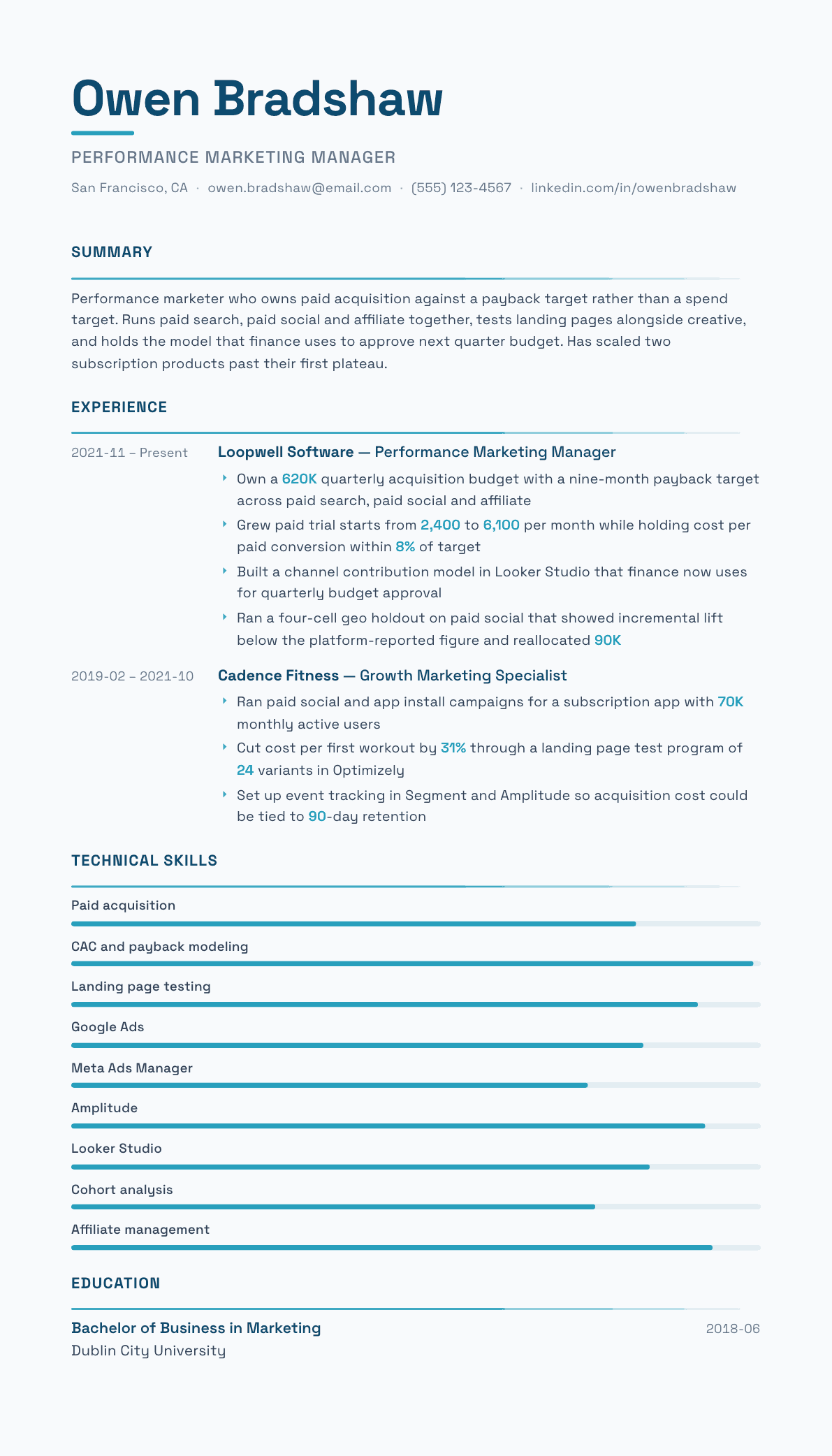 Performance Marketing Manager resume example, Velocity template