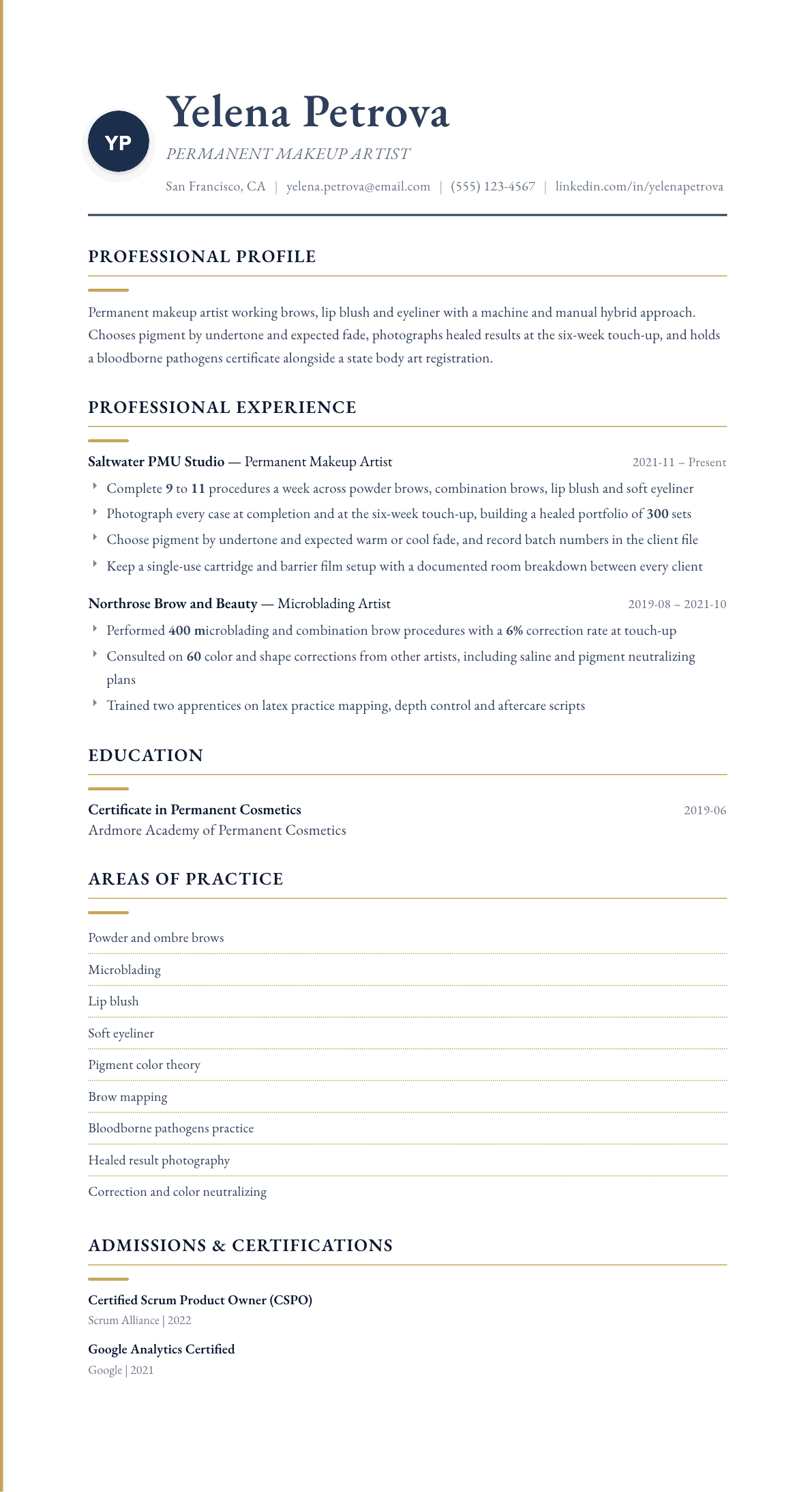Permanent Makeup Artist resume example, Folio template