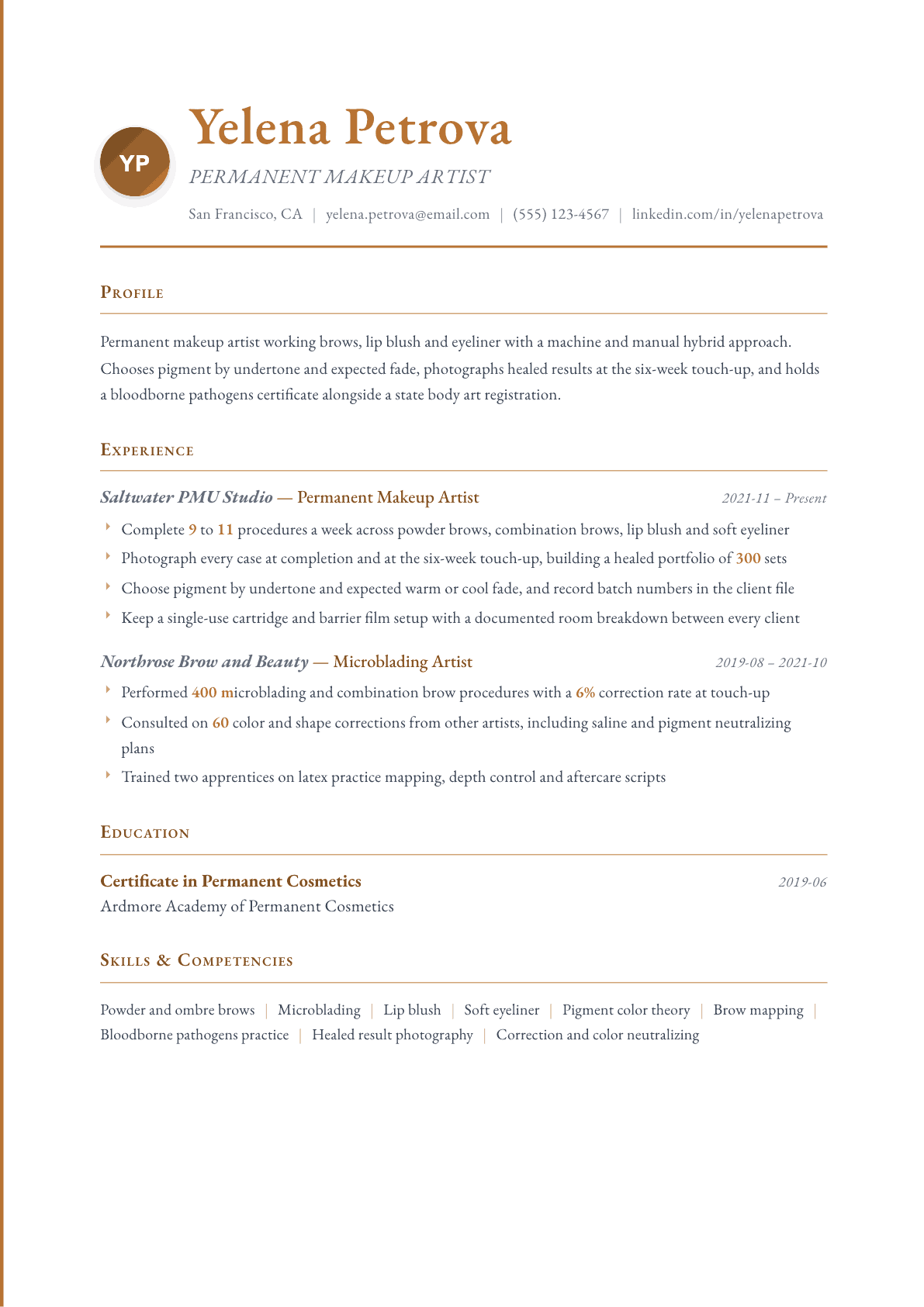Permanent Makeup Artist resume example, Timeless template