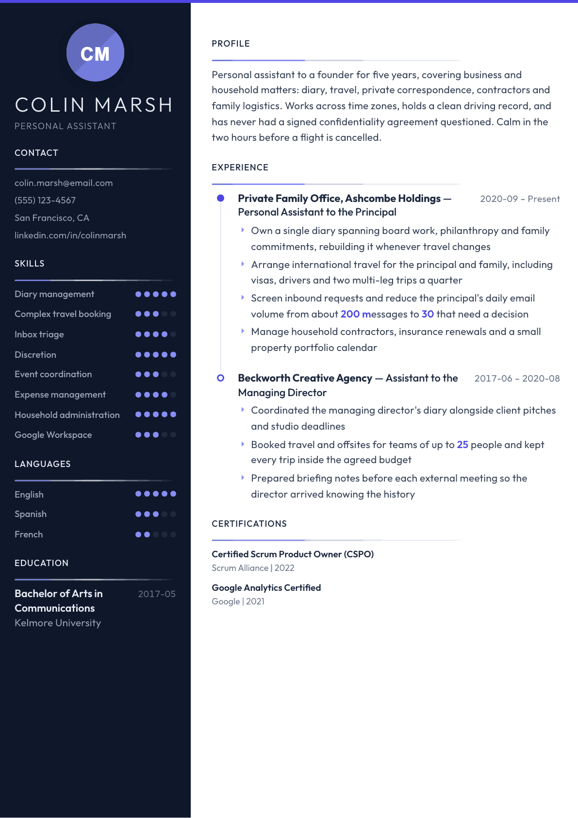 Personal Assistant resume example, Zenith template