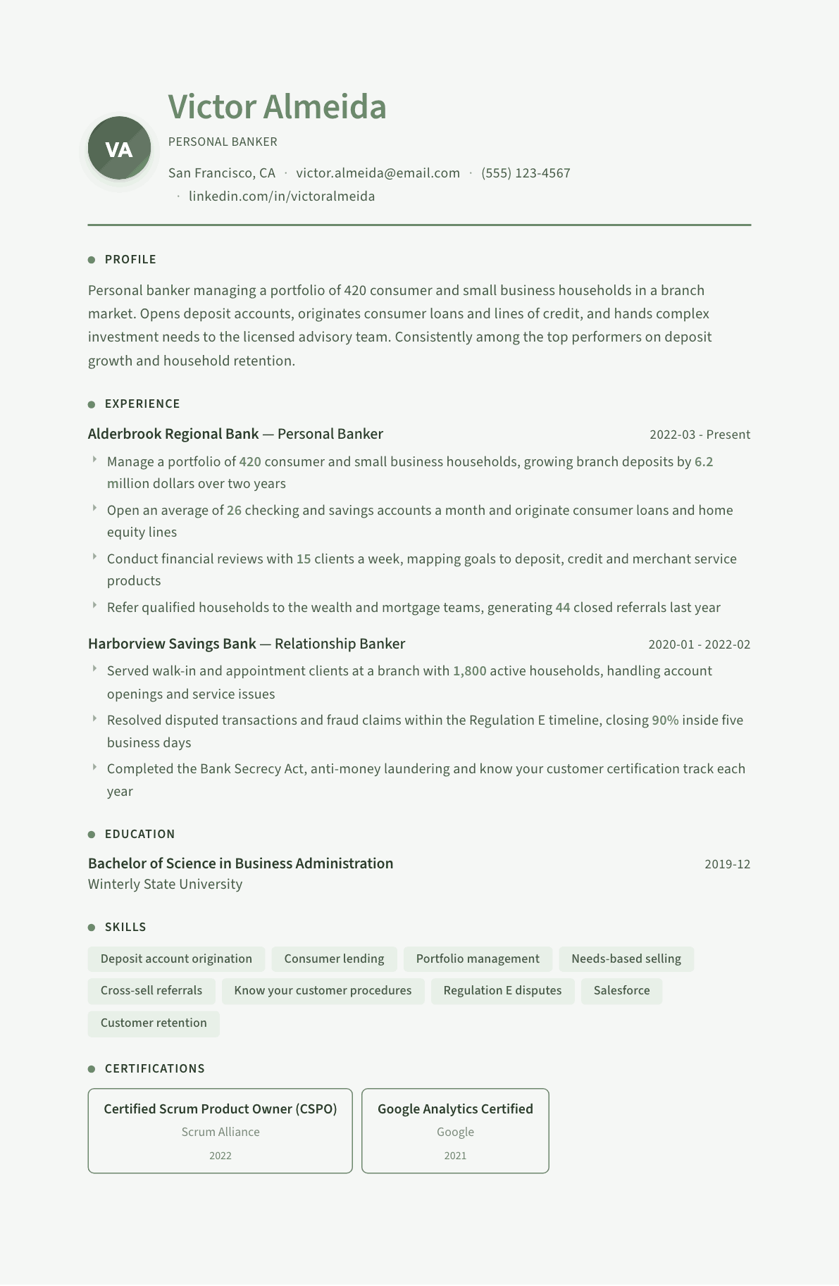 Personal Banker resume example, Sage Garden template