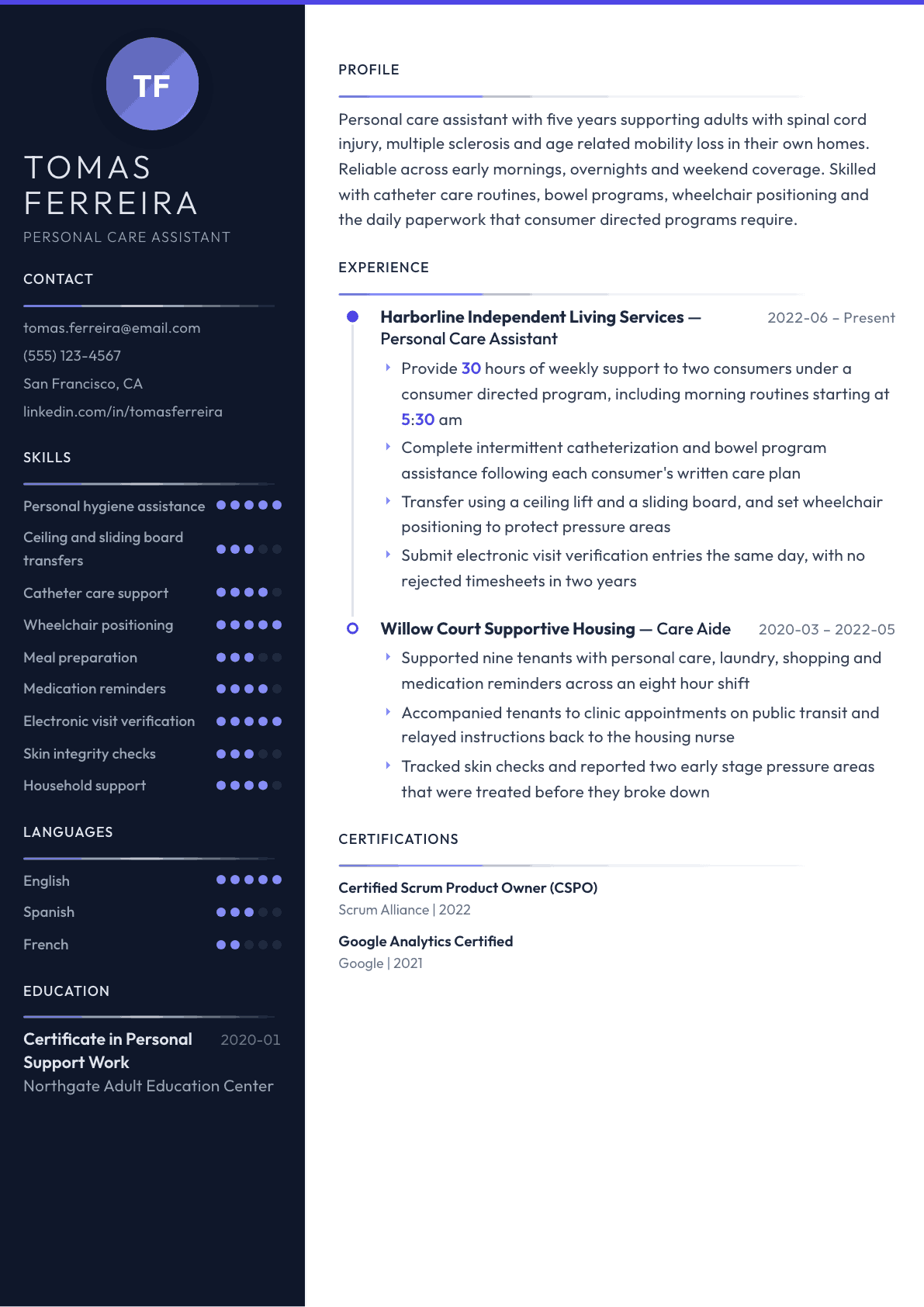 Personal Care Assistant resume example, Zenith template