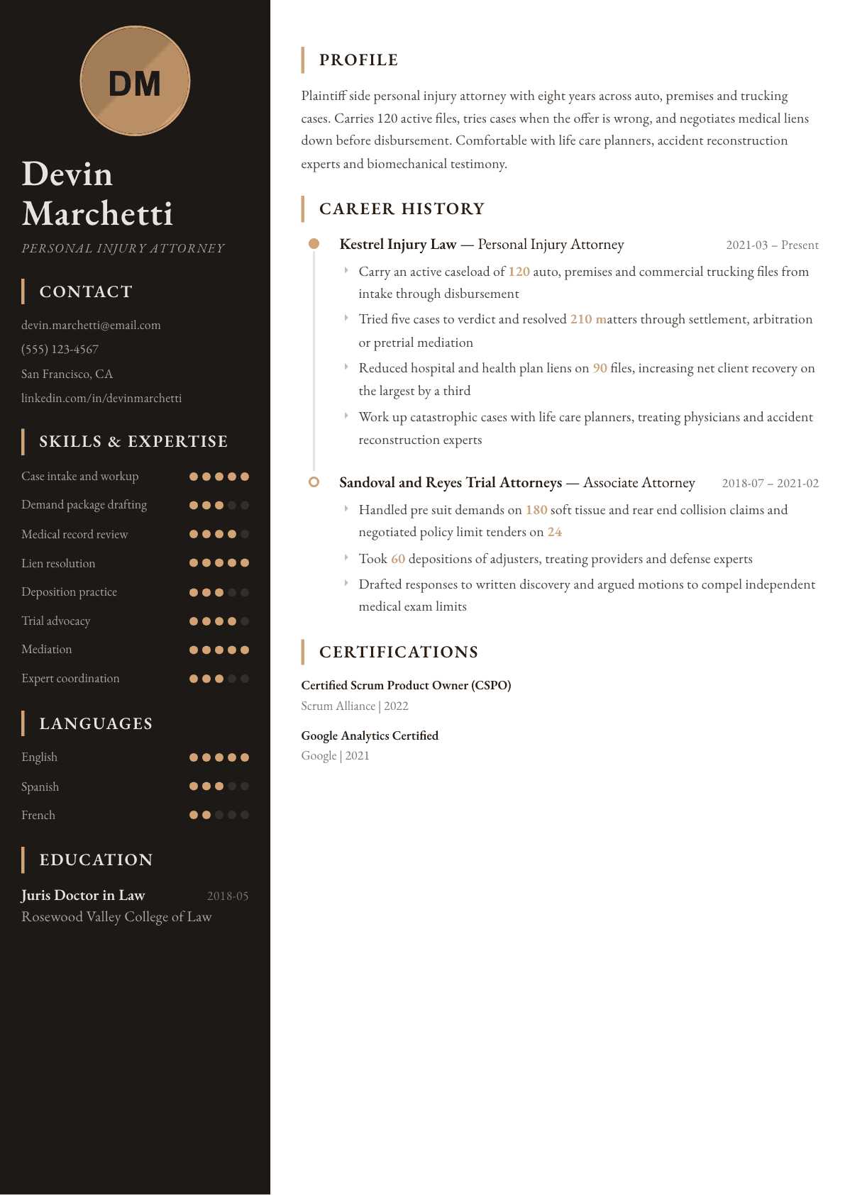 Personal Injury Attorney resume example, Heritage template