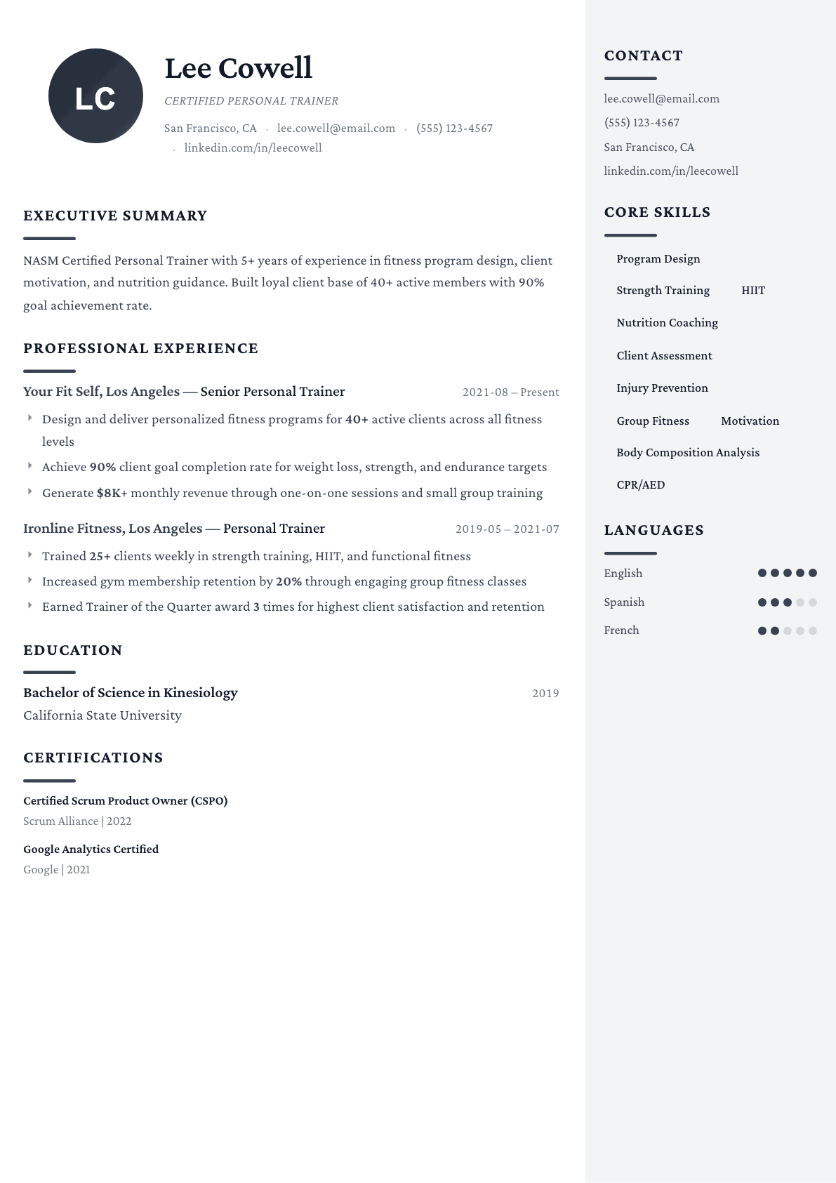 Personal Trainer resume example, Monarch template