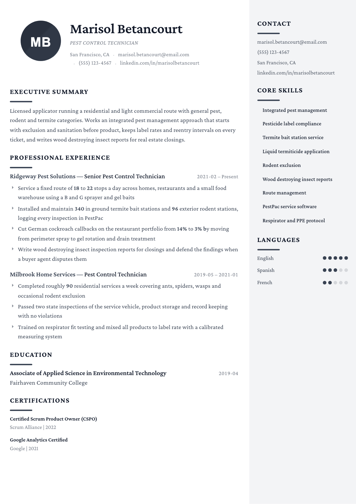 Pest Control Technician resume example, Monarch template