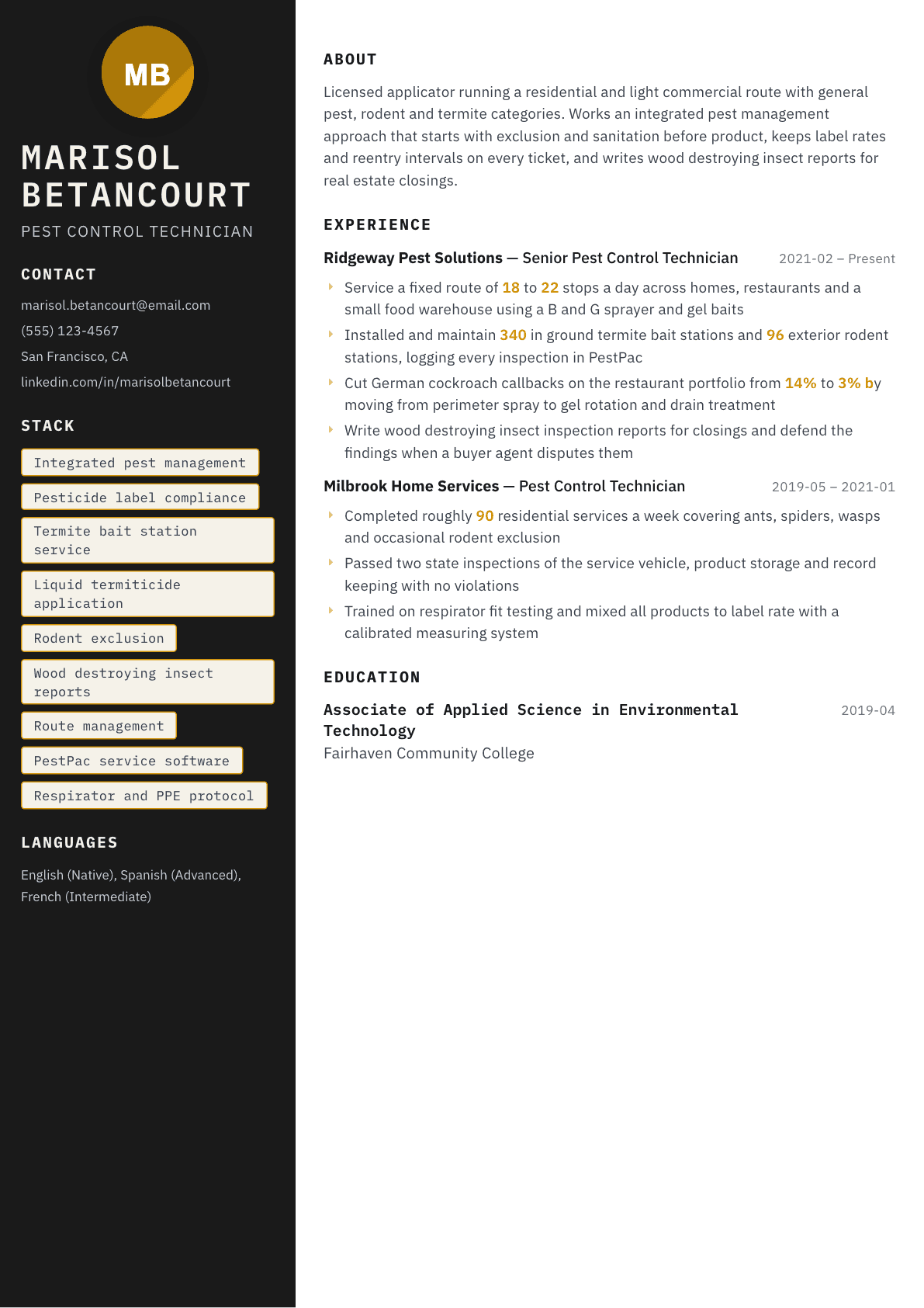 Pest Control Technician resume example, Neon template