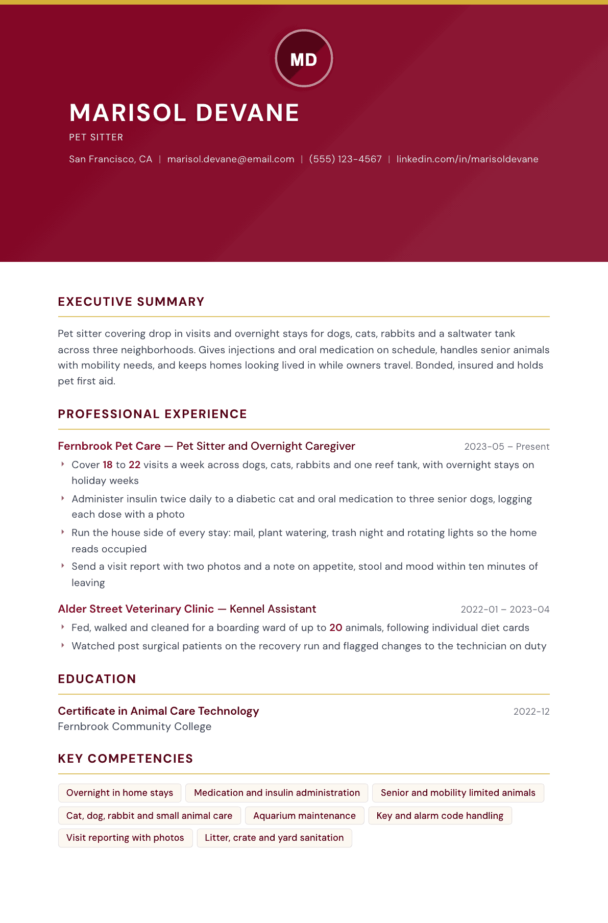 Pet Sitter resume example, Viceroy template