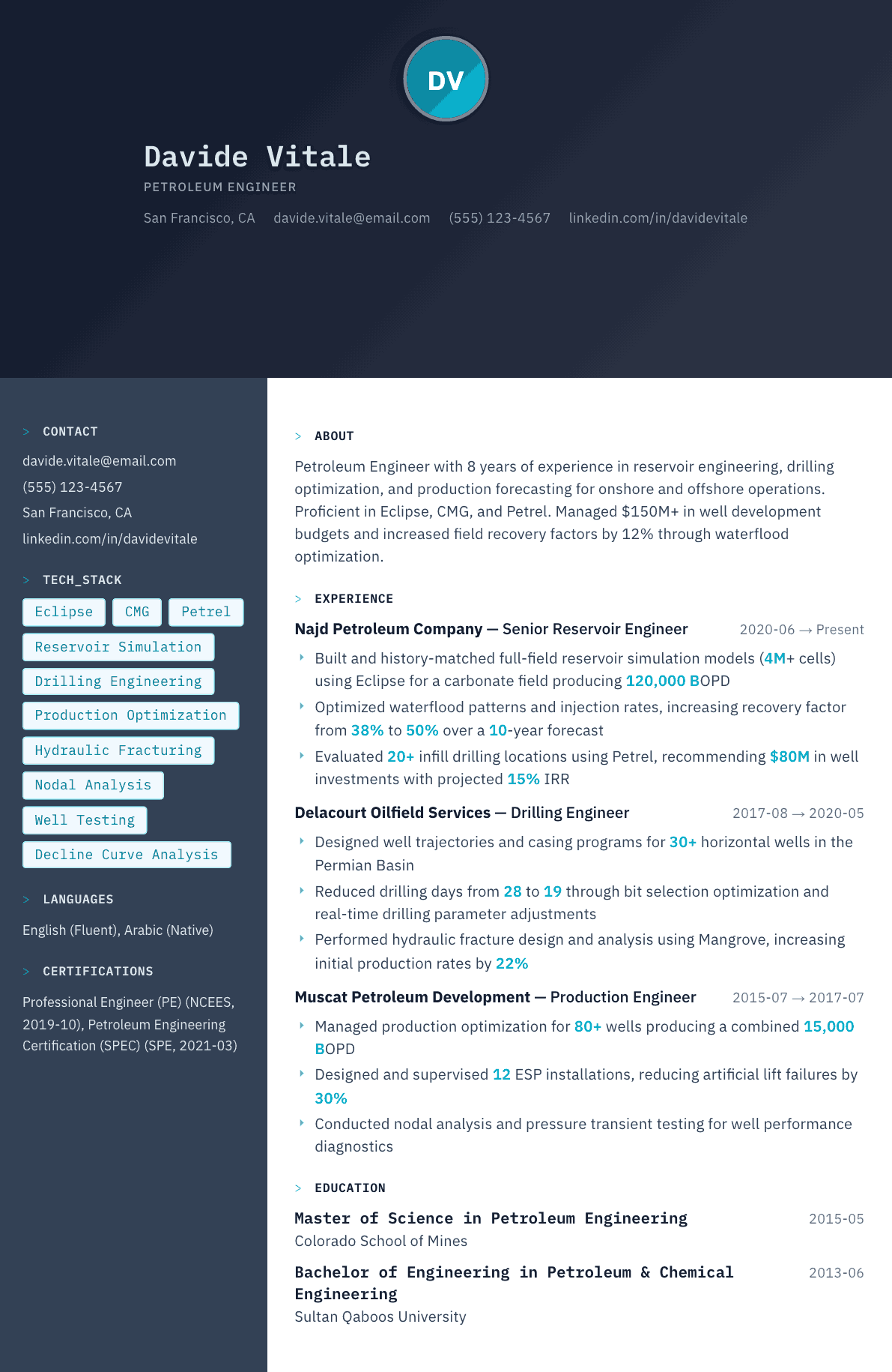 Petroleum Engineer resume example, Code Terminal template