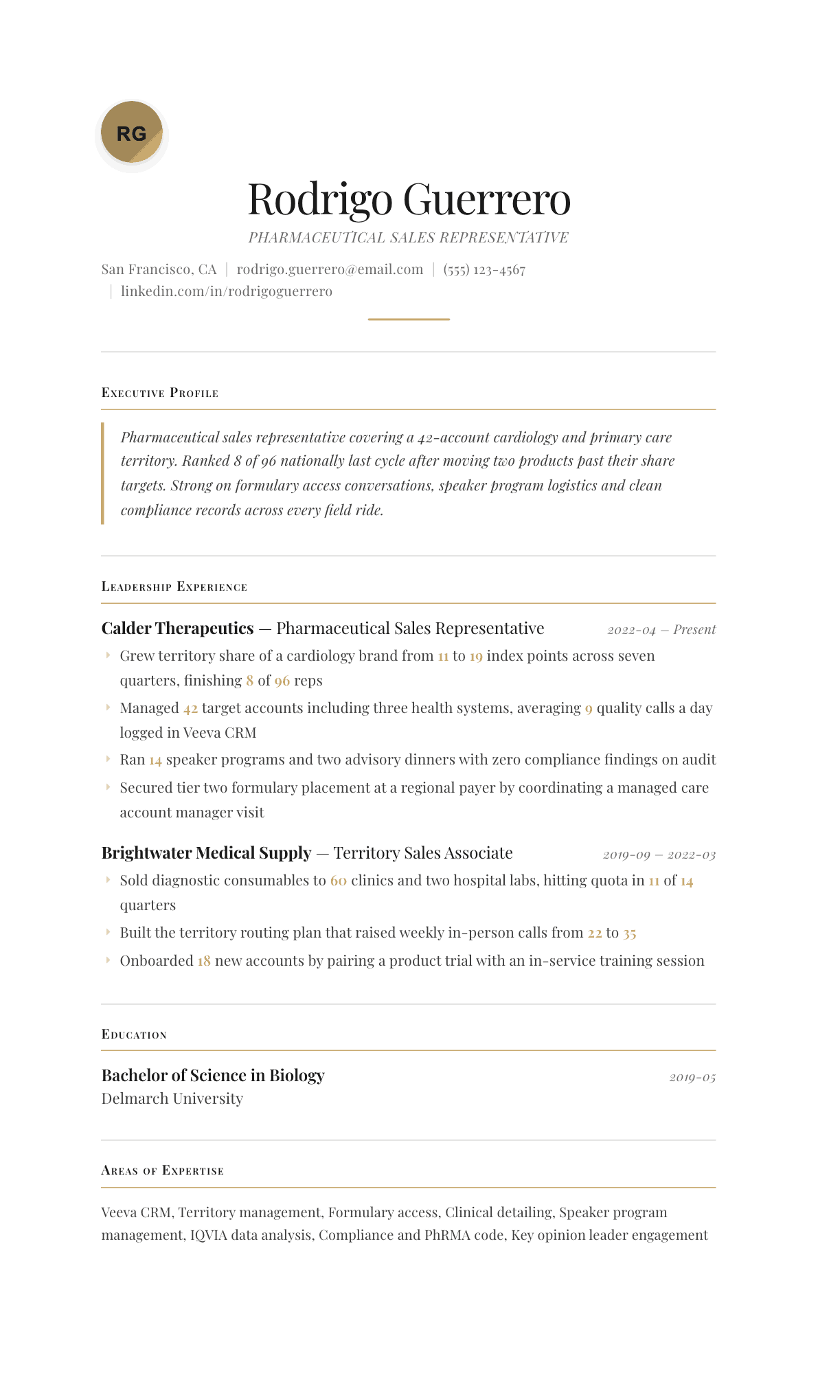 Pharmaceutical Sales Representative resume example, Chancellor template