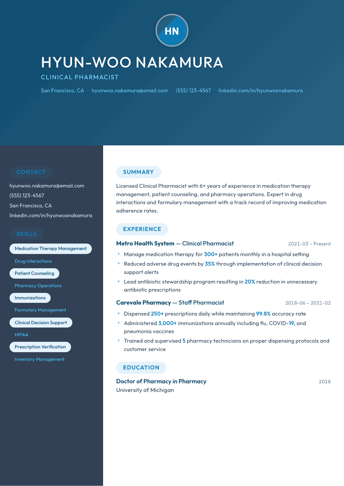 Pharmacist resume example, Nexus template