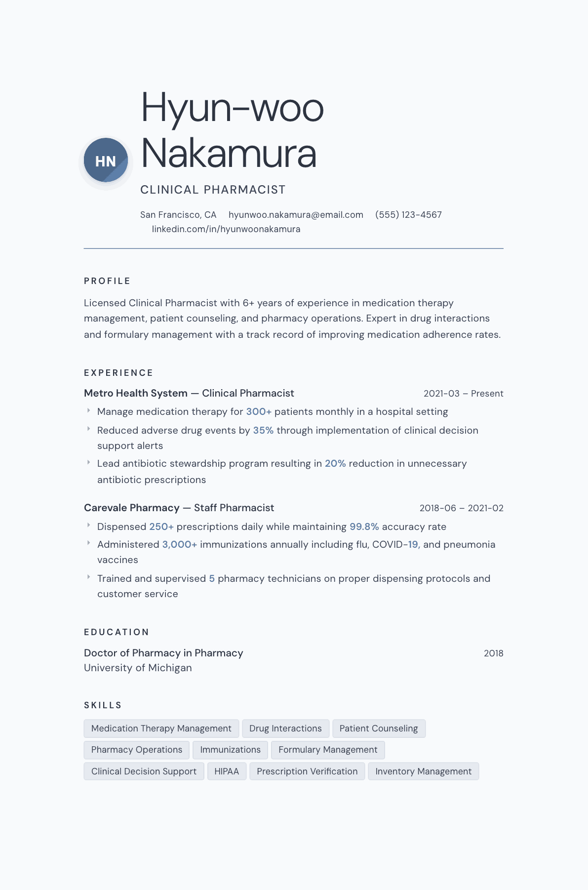 Pharmacist resume example, Nordic template