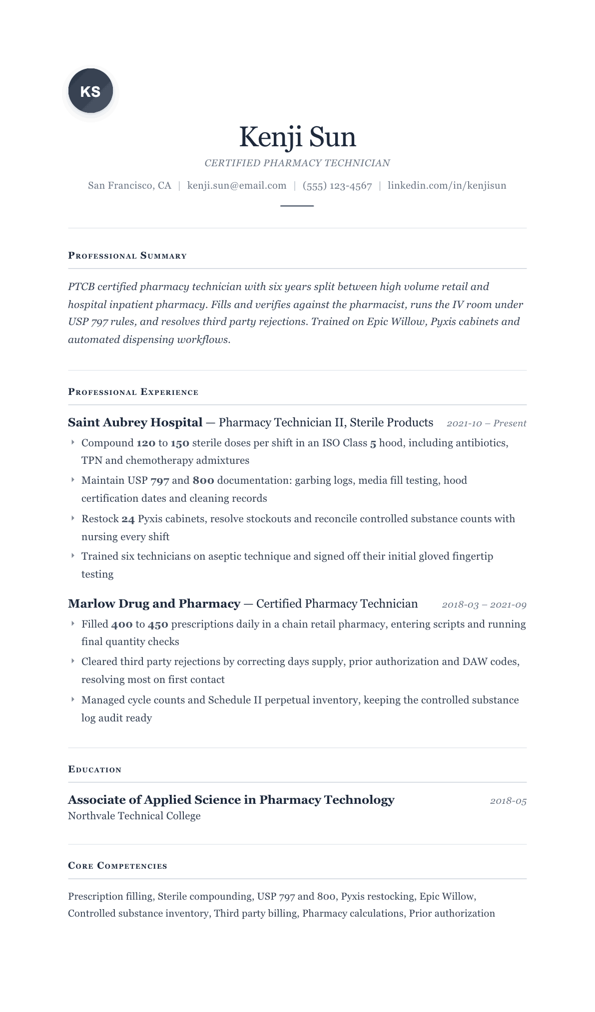 Pharmacy Technician resume example, Cornerstone template