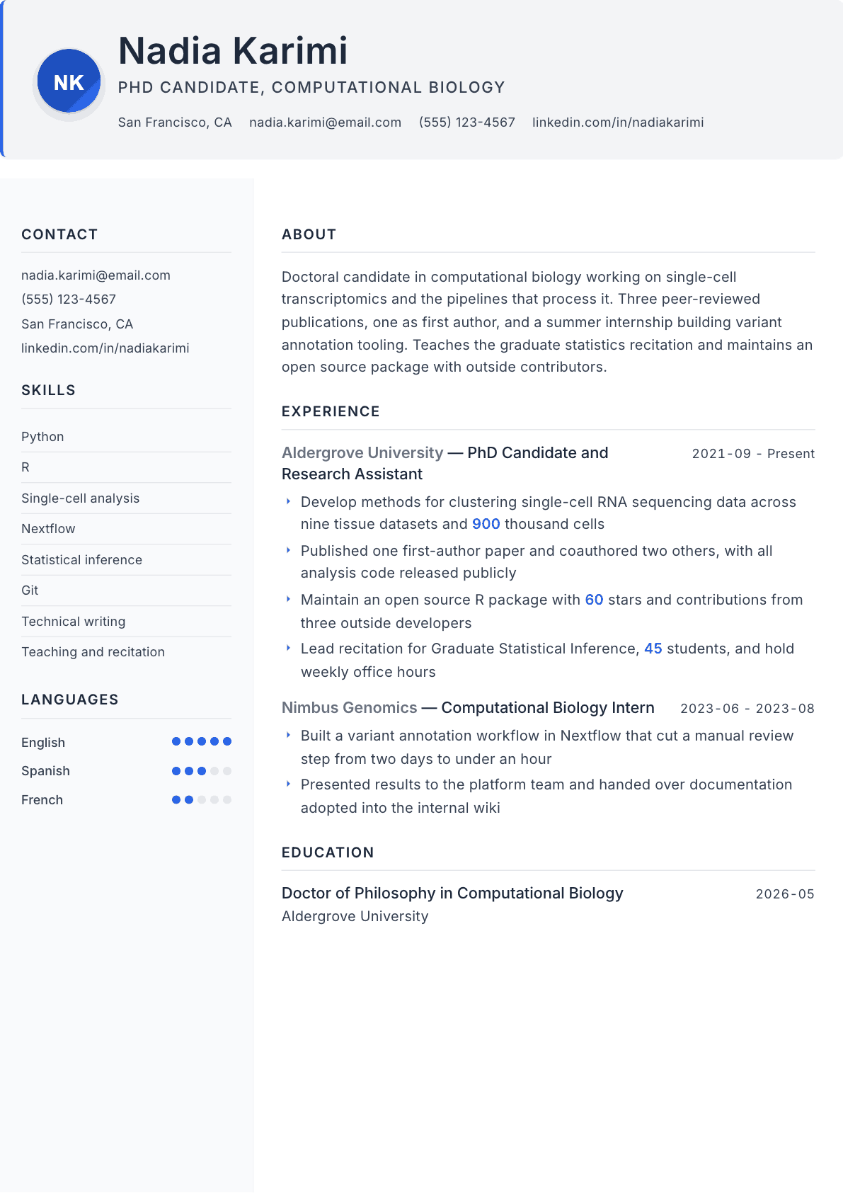 PhD Student resume example, Paper template