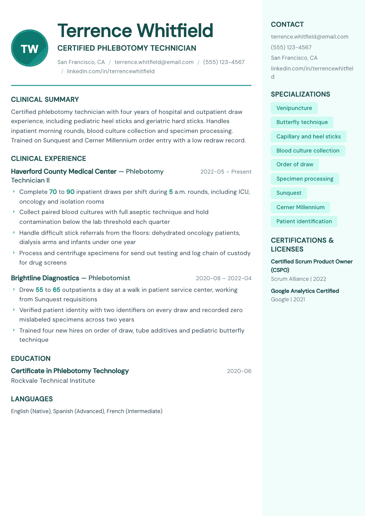 Phlebotomist resume example, Remedy template