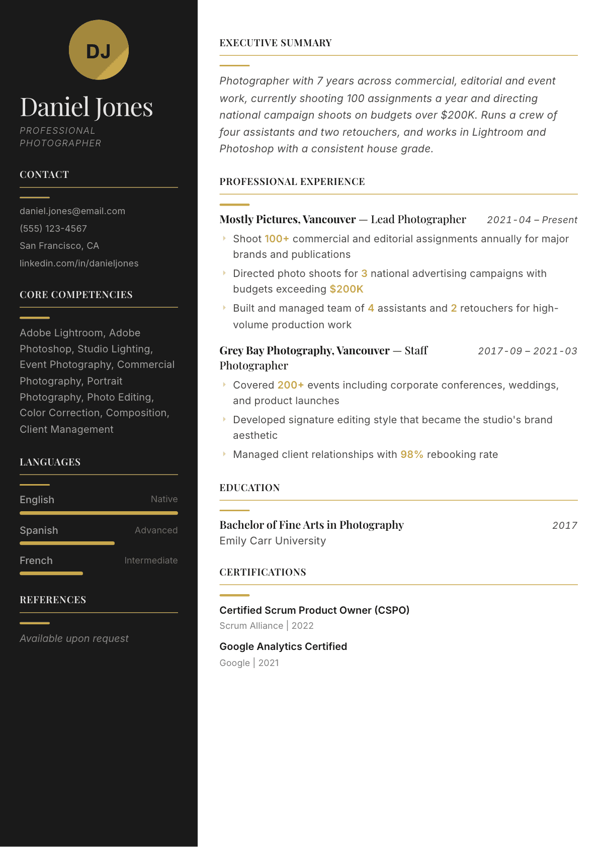 Photographer resume example, Ink & Gold template