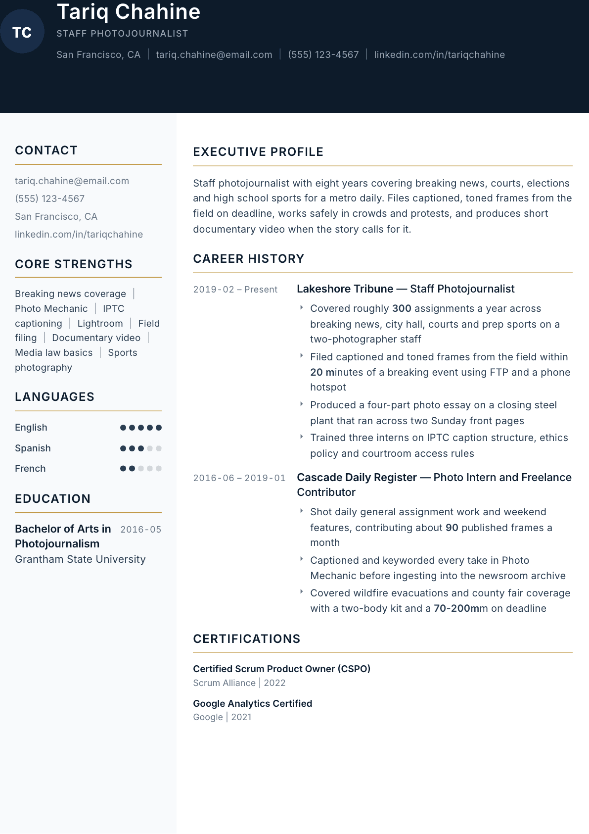 Photojournalist resume example, Consulate template