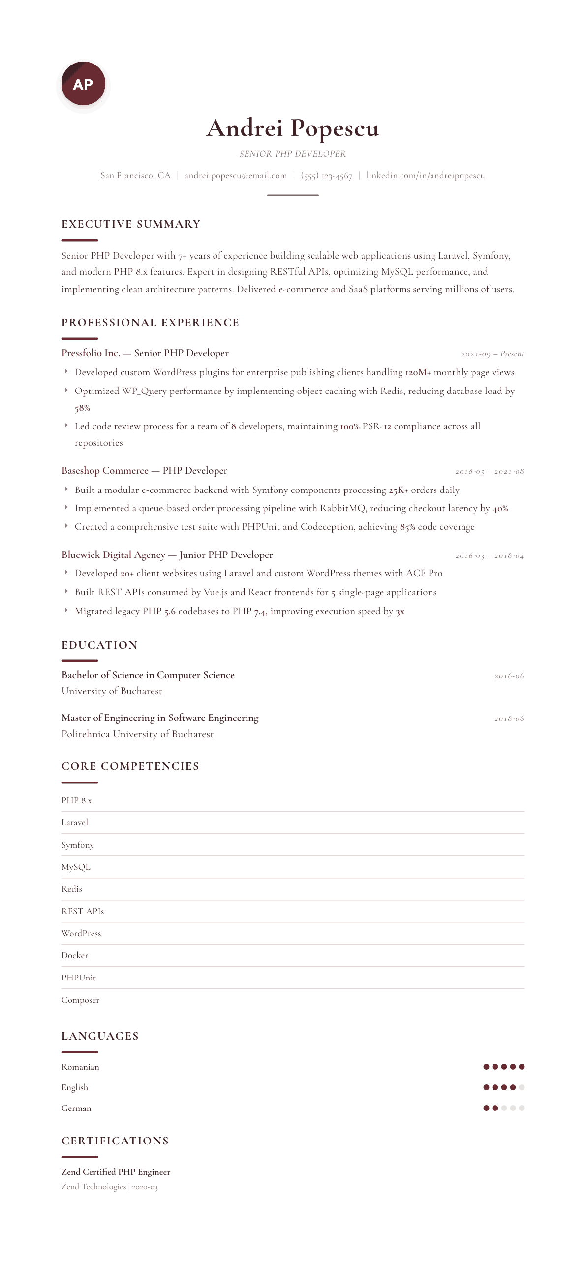 PHP Developer resume example, Diplomat template