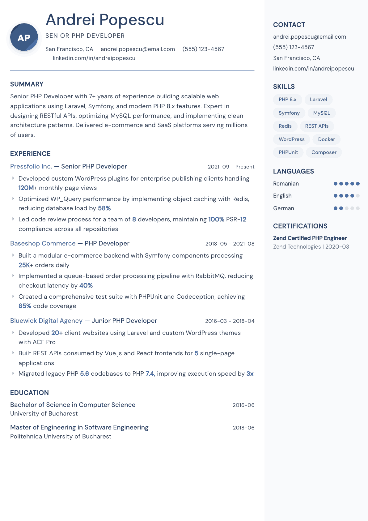 PHP Developer resume example, Kernel template