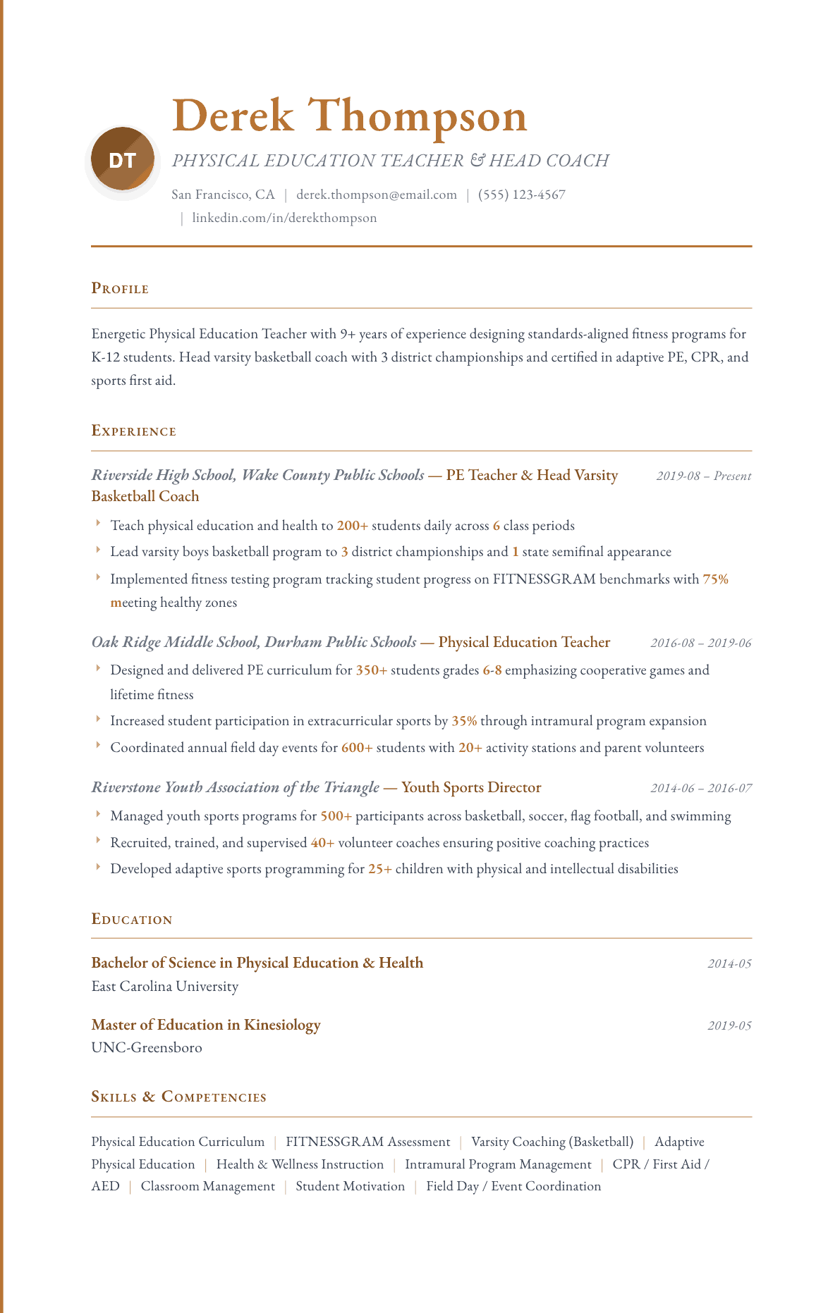 Physical Education Teacher resume example, Timeless template