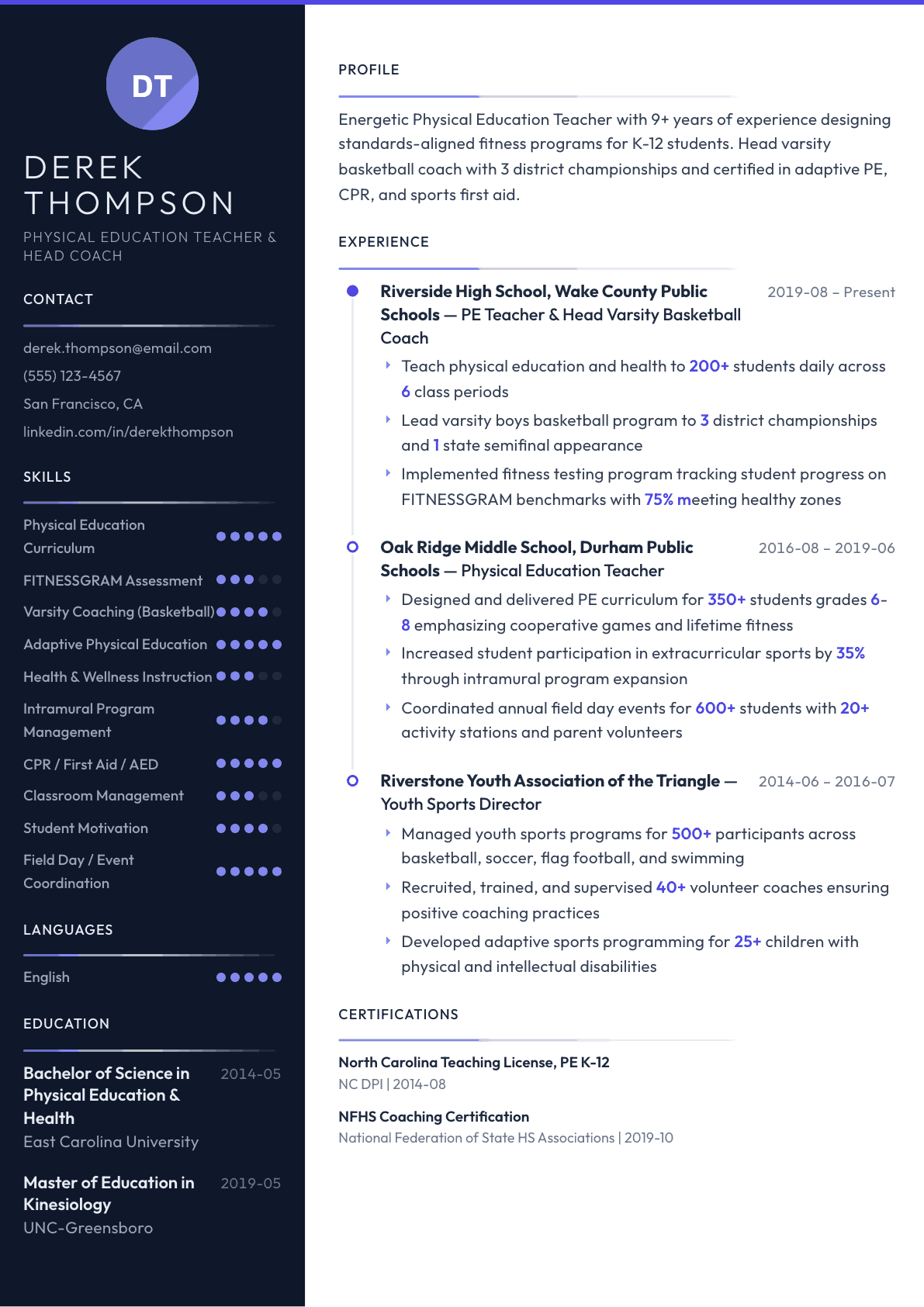 Physical Education Teacher resume example, Zenith template