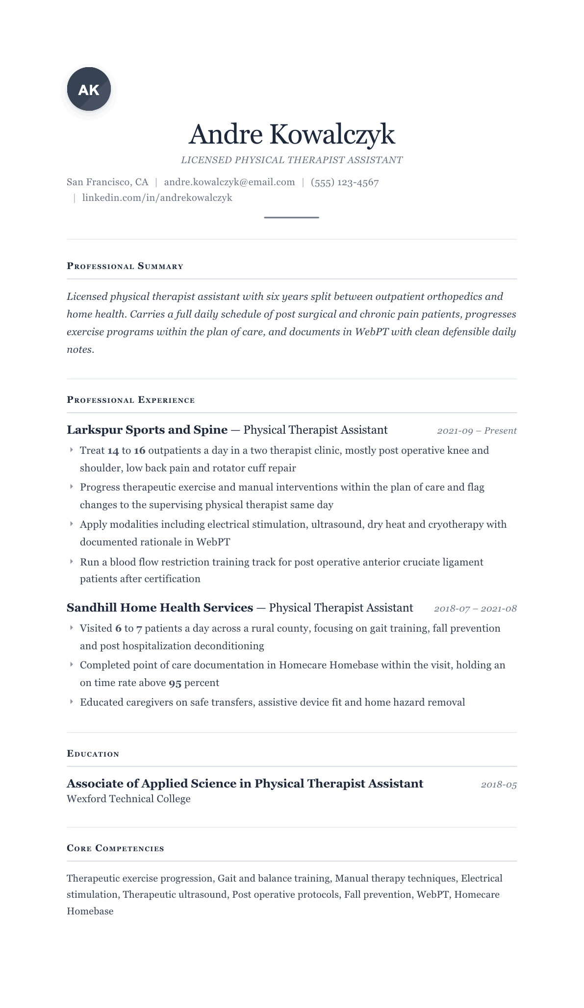 Physical Therapist Assistant resume example, Cornerstone template