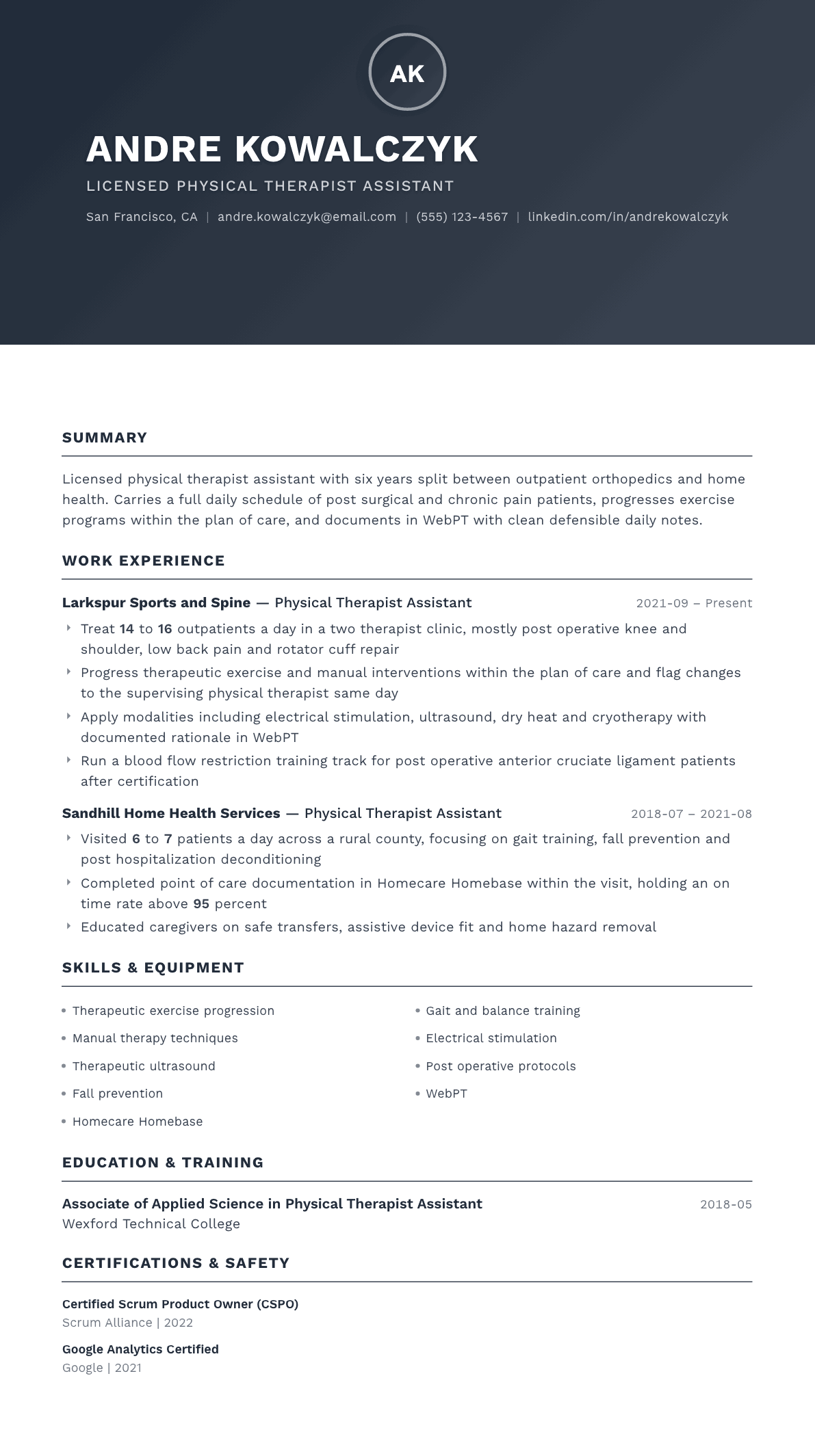 Physical Therapist Assistant resume example, Foundation template