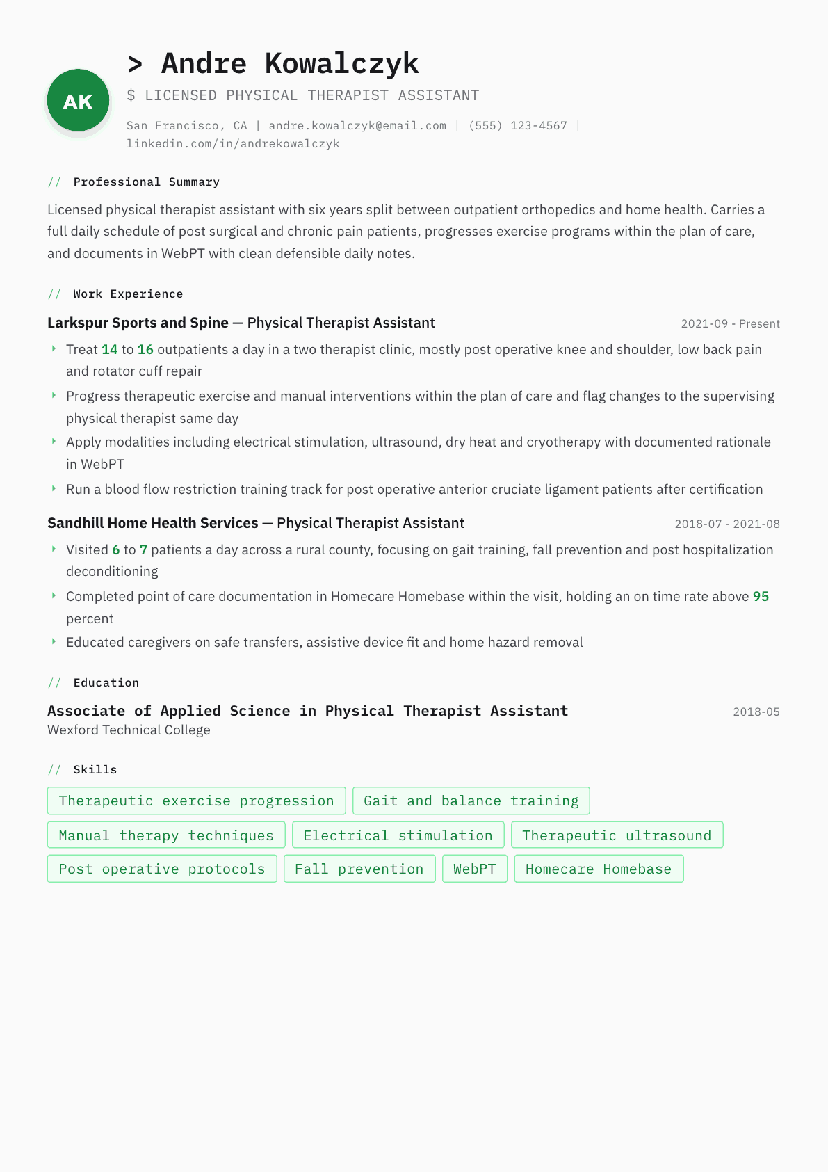 Physical Therapist Assistant resume example, Amsterdam template
