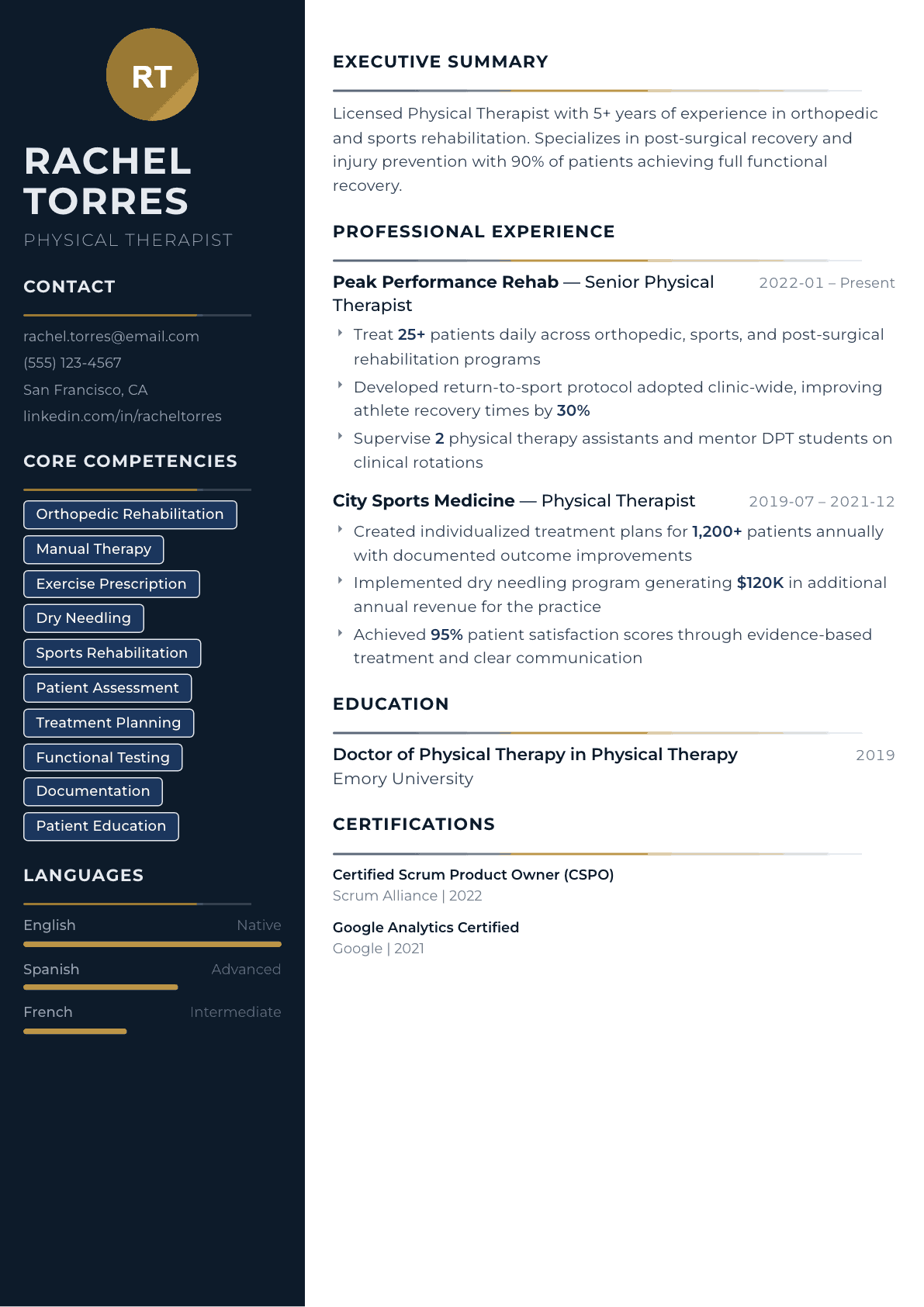 Physical Therapist resume example, Catalyst template