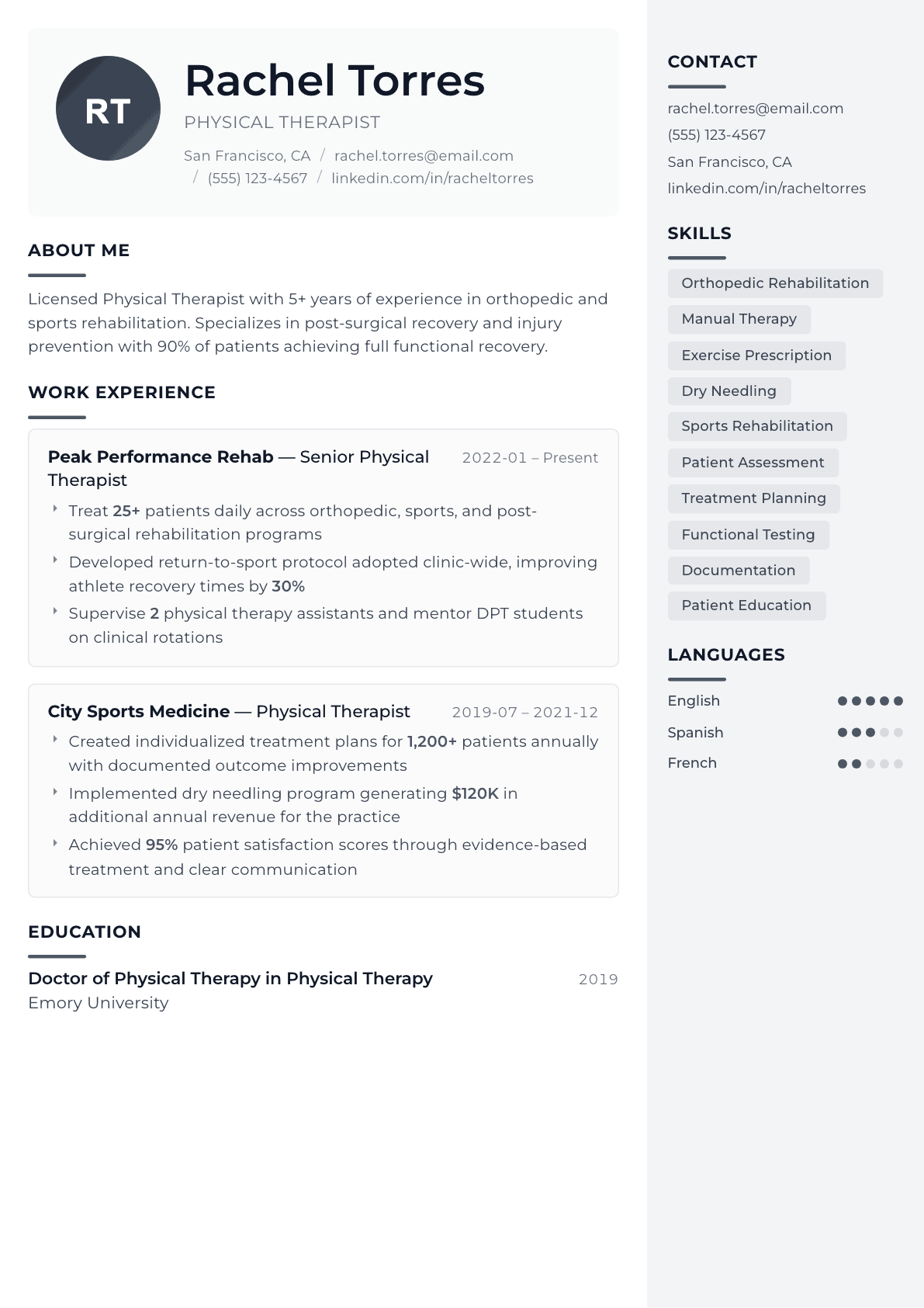 Physical Therapist resume example, Metropolitan template