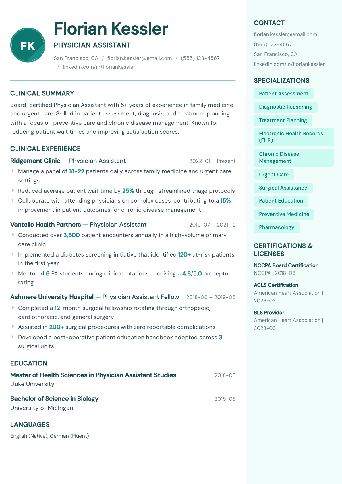 Physician Assistant resume example, Remedy template