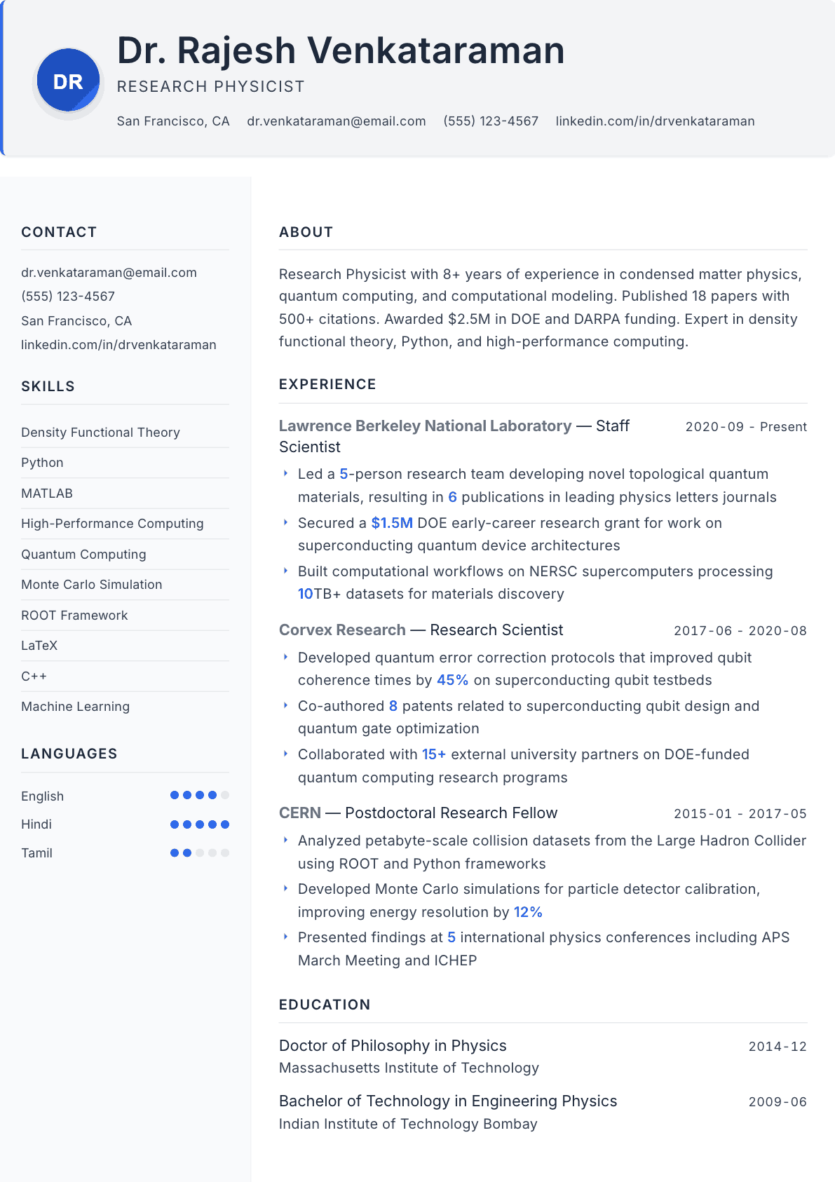 Physicist resume example, Paper template