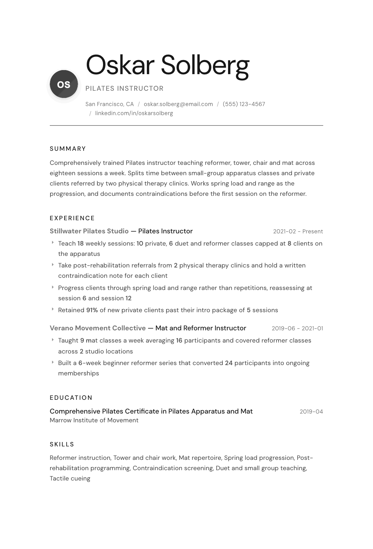 Pilates Instructor resume example, Whisper template