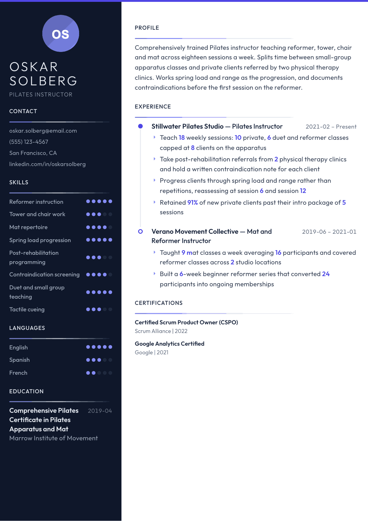 Pilates Instructor resume example, Zenith template