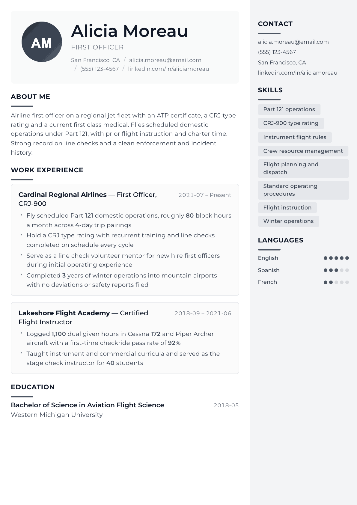 Pilot resume example, Metropolitan template
