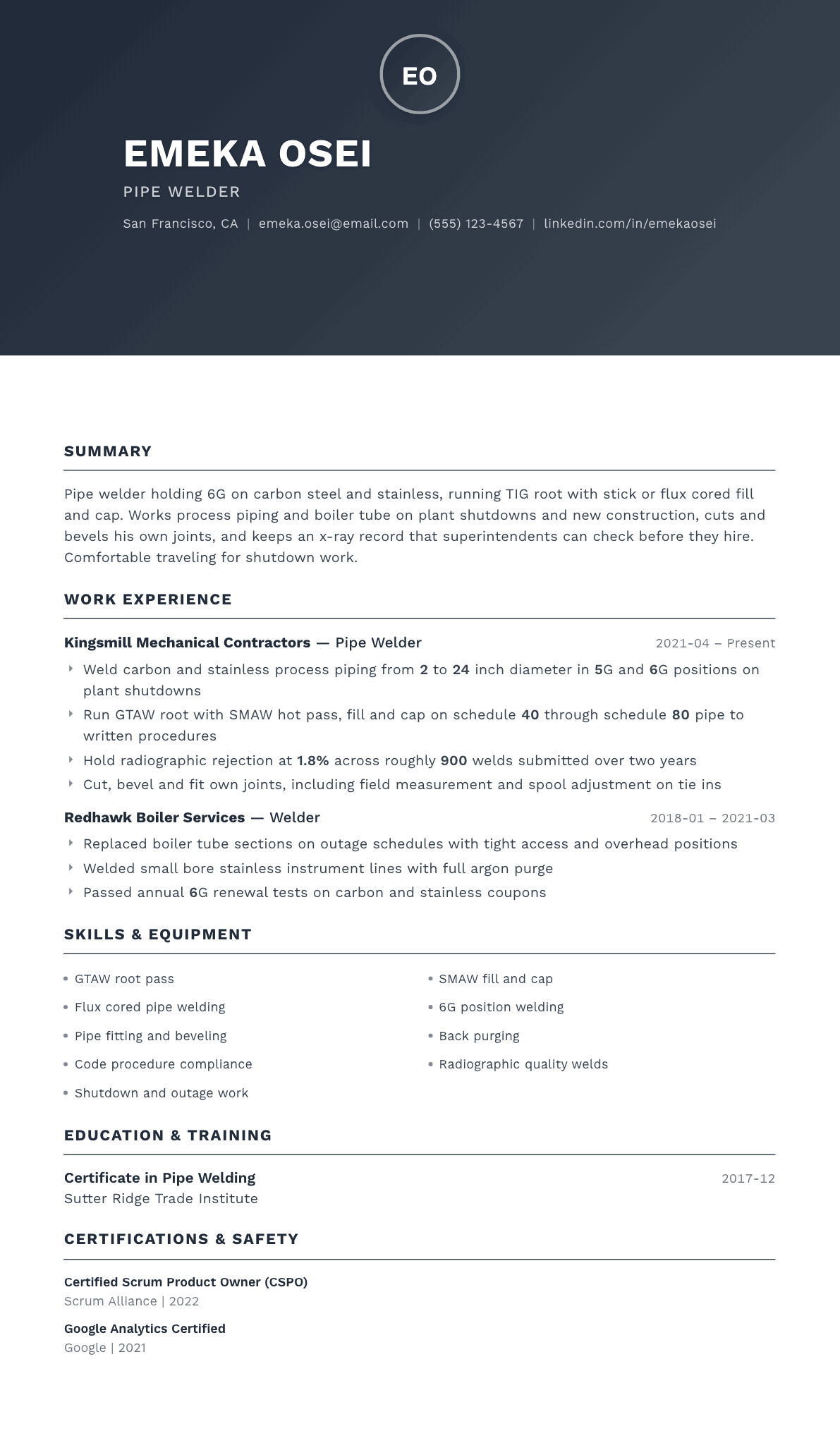 Pipe Welder resume example, Foundation template
