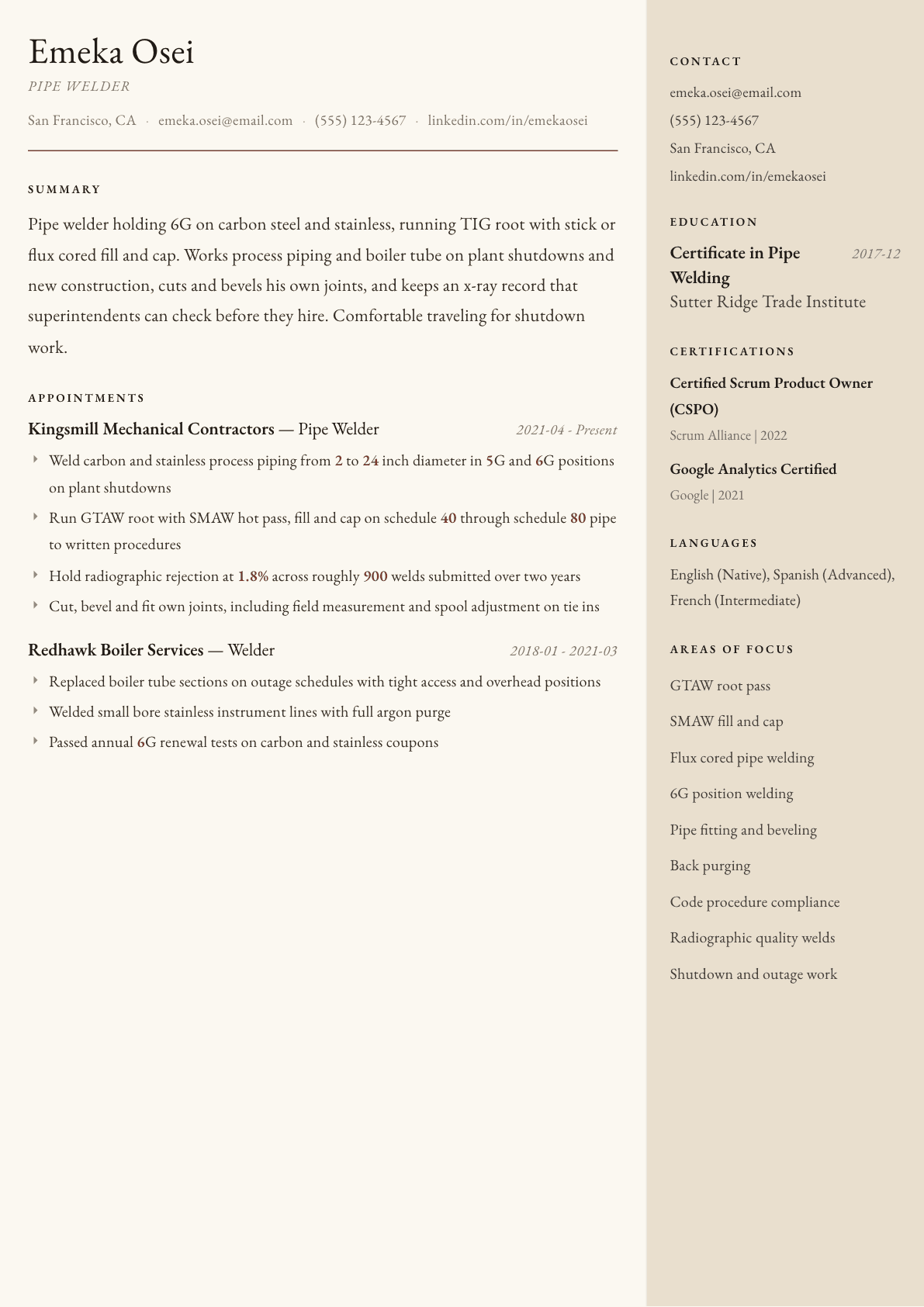 Pipe Welder resume example, Manuscript template