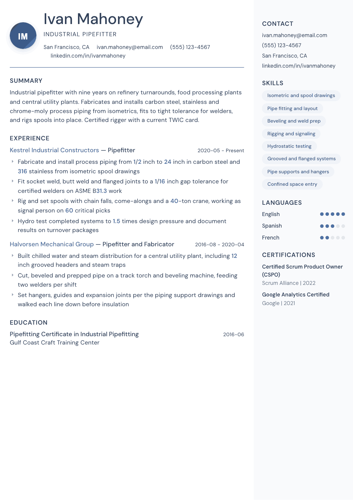 Pipefitter resume example, Kernel template