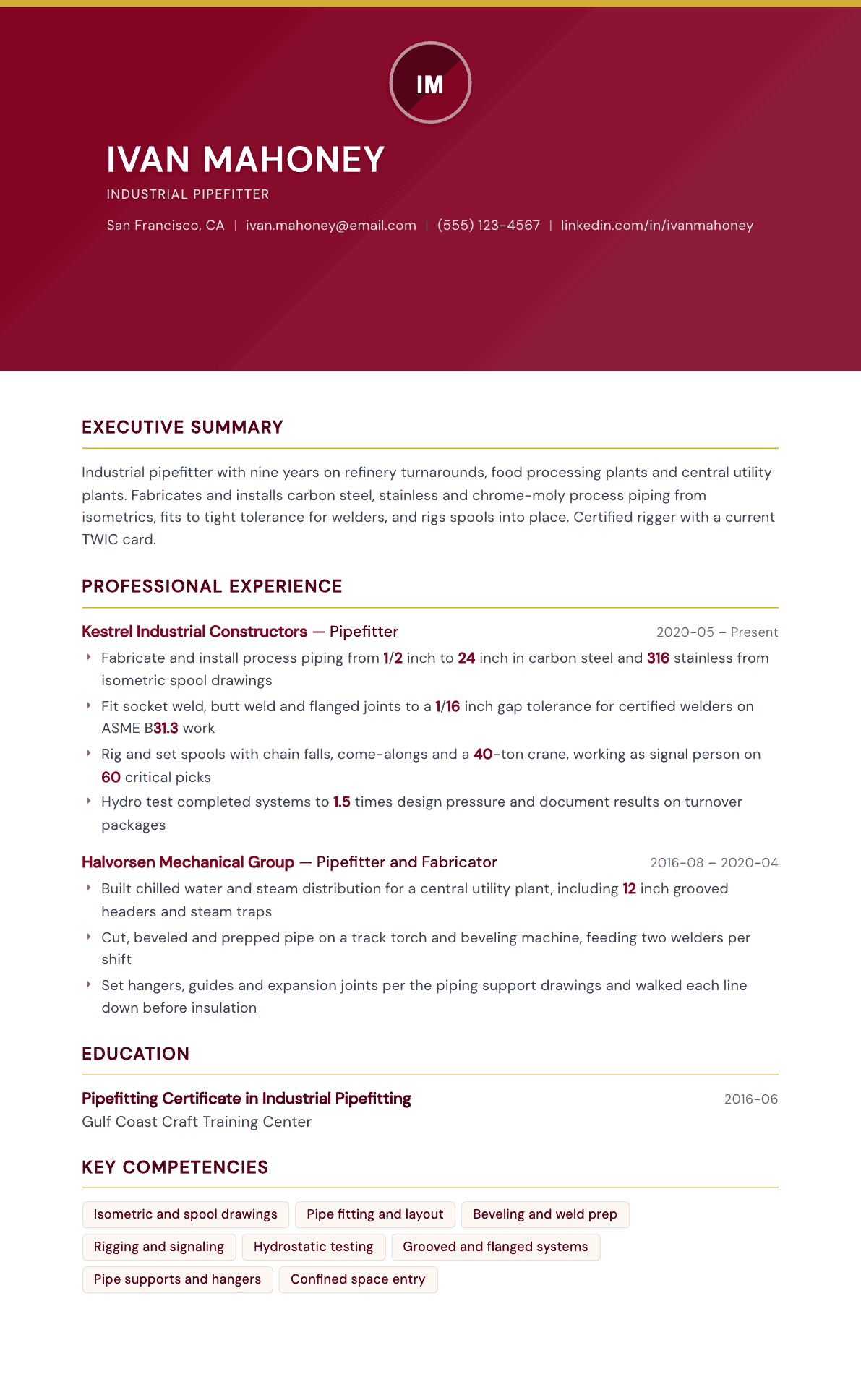 Pipefitter resume example, Viceroy template