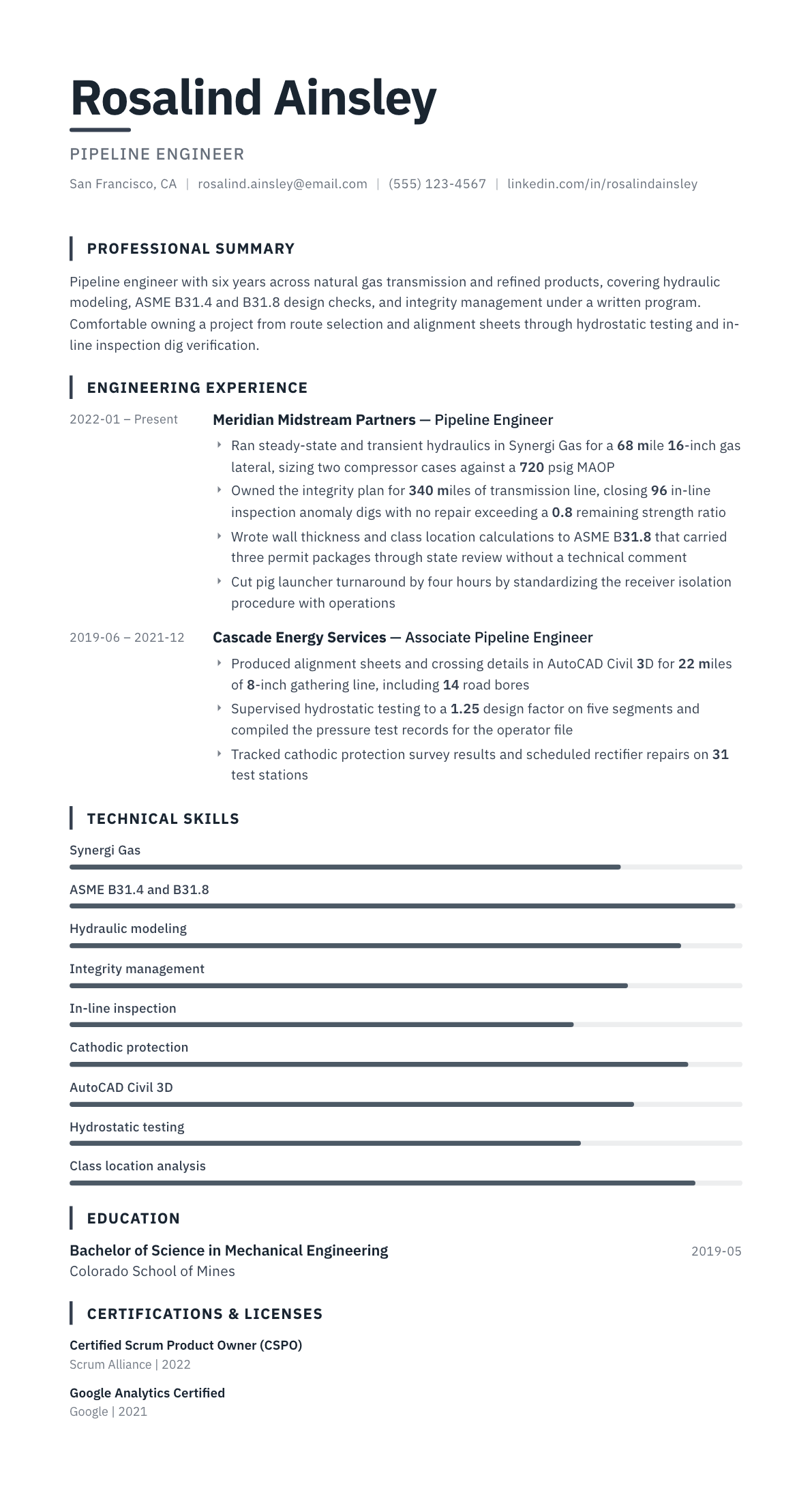 Pipeline Engineer resume example, Blueprint template