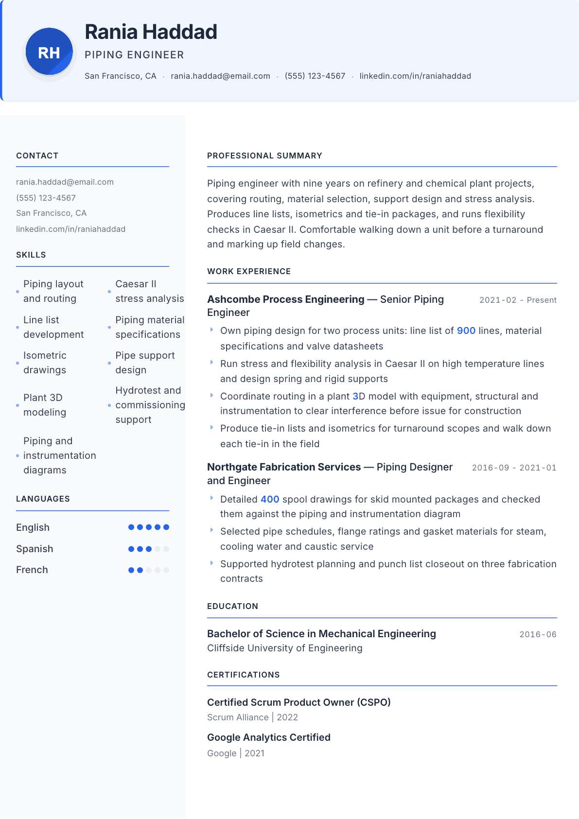 Piping Engineer resume example, Geneva template