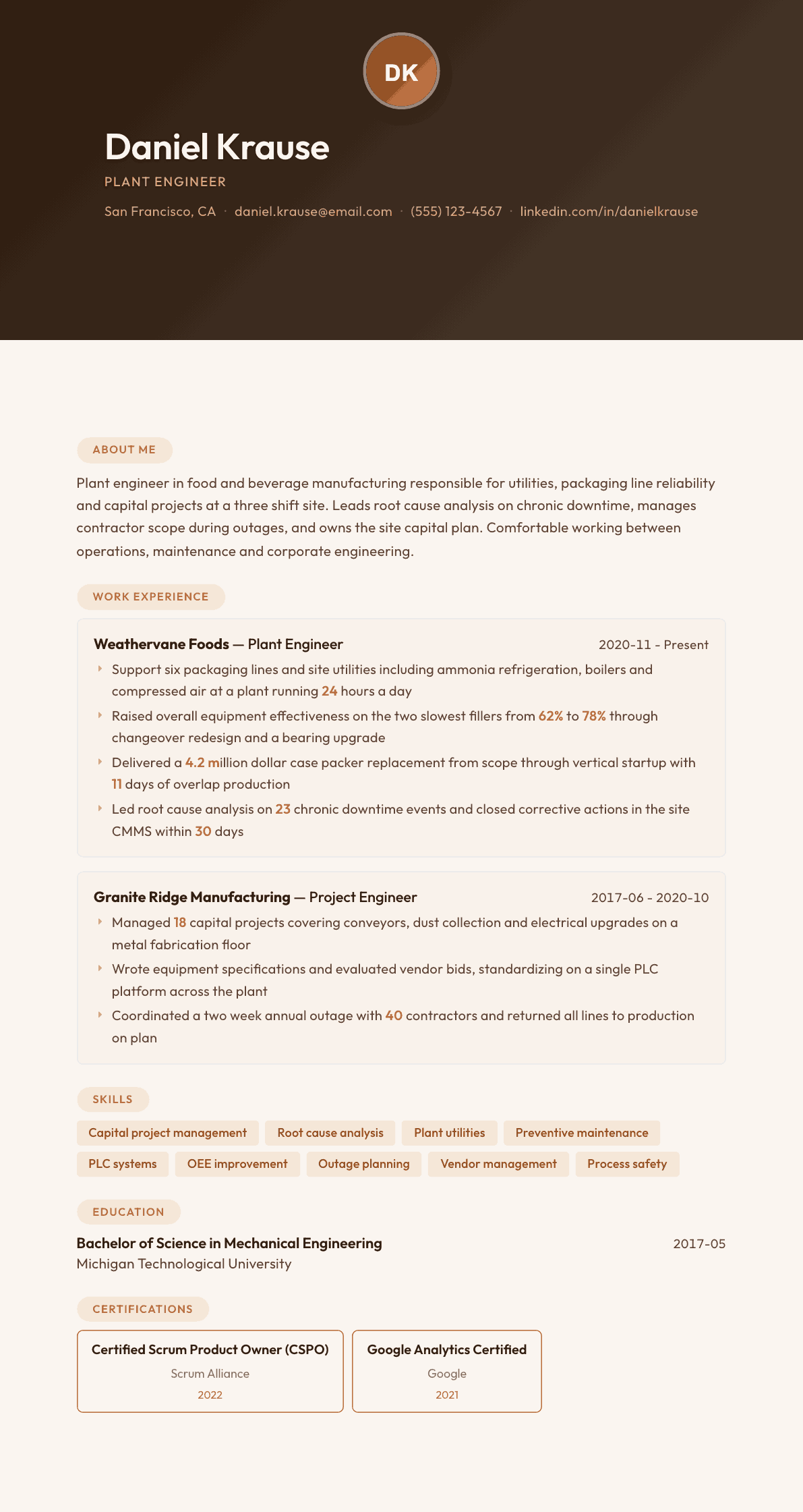 Plant Engineer resume example, Terracotta Studio template