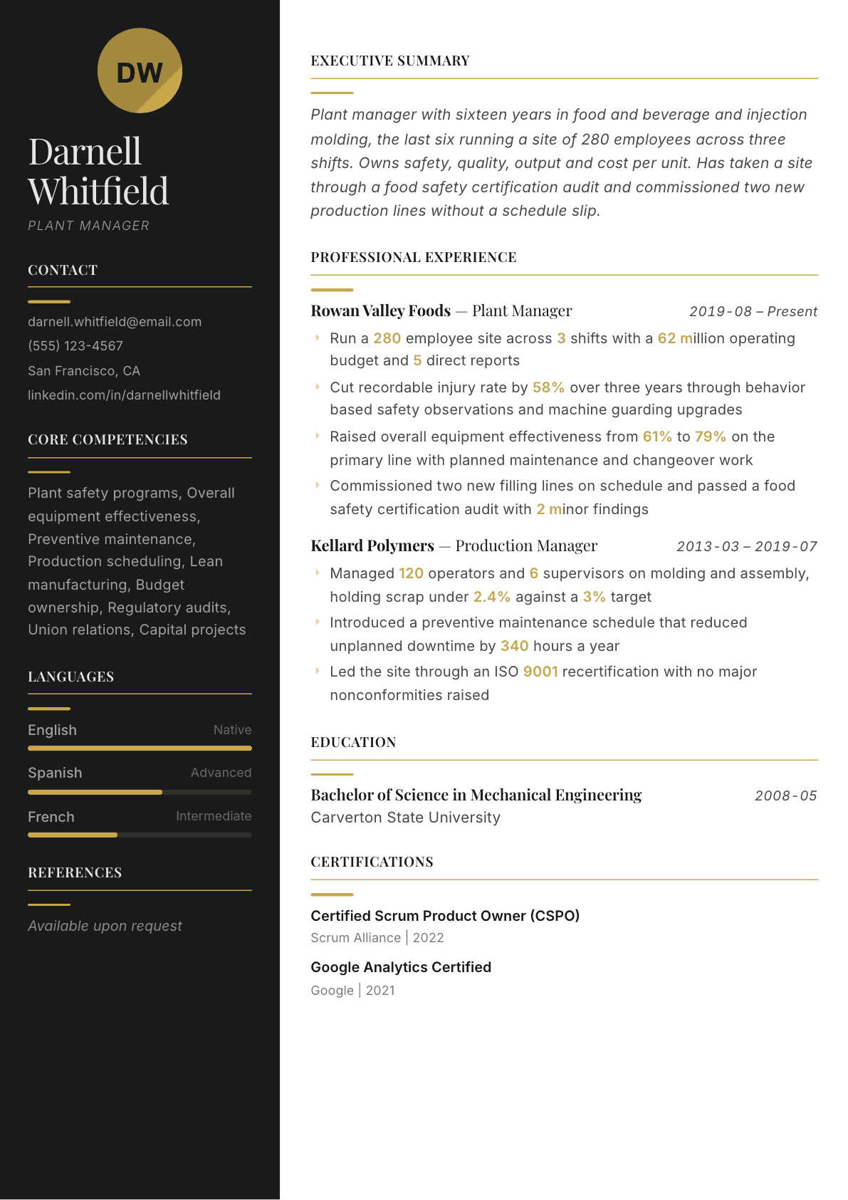 Plant Manager resume example, Ink & Gold template