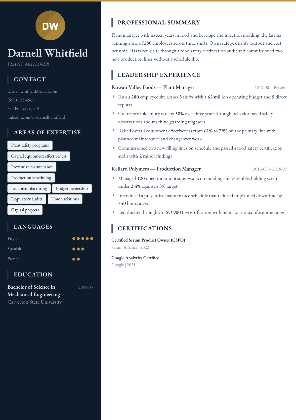 Plant Manager resume example, Presidio template